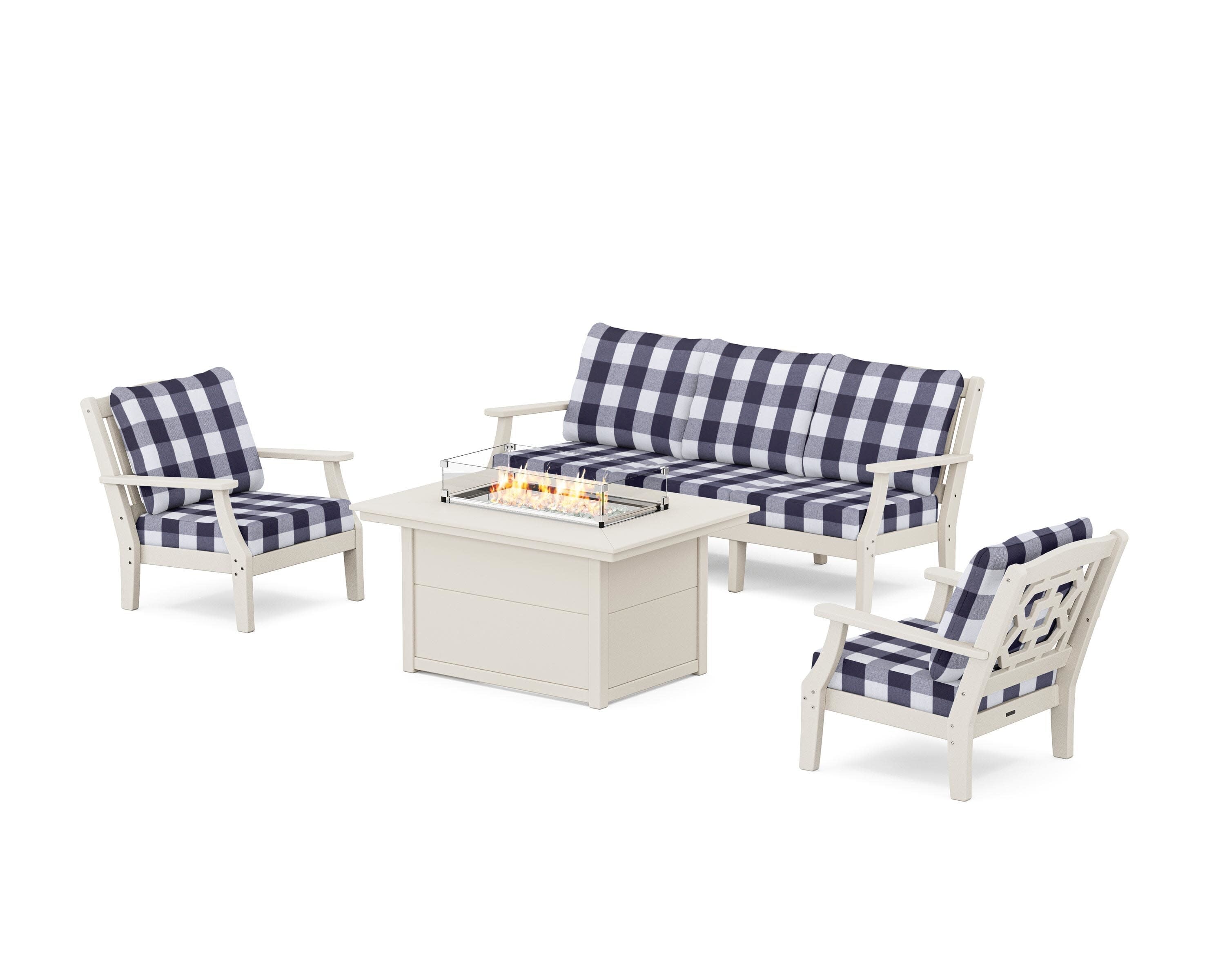 Chinoiserie Deep Seating Fire Pit Table Set in Sand / Buffalo Plaid Navy