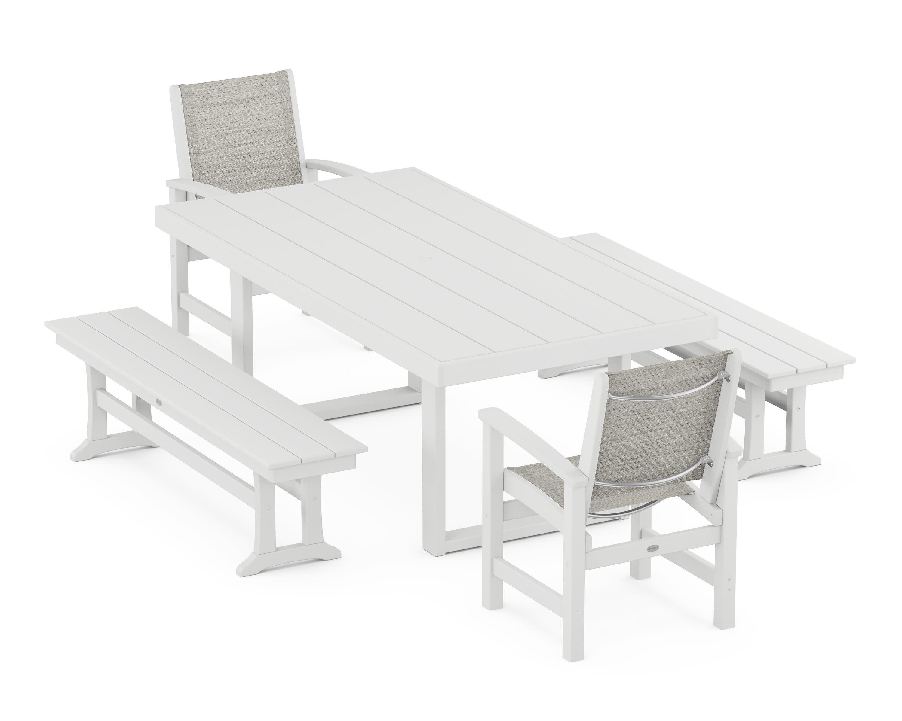 Coastal 5-Piece Dining Set with Trestle Legs in White / Birch Sling
