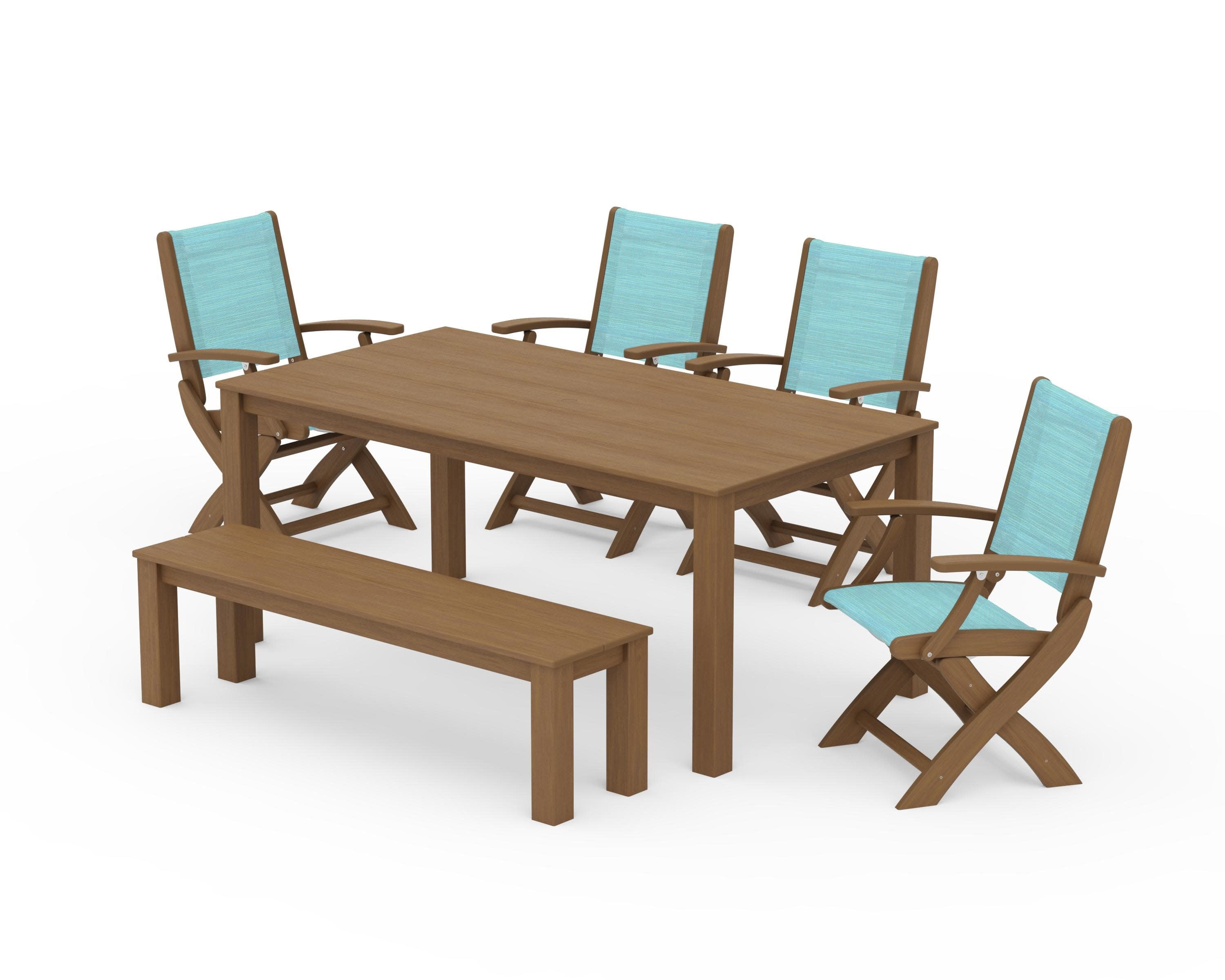 Coastal Folding Chair 6-Piece Parsons Dining Set with Bench in Natural / Dupioni Aquamarine Sling