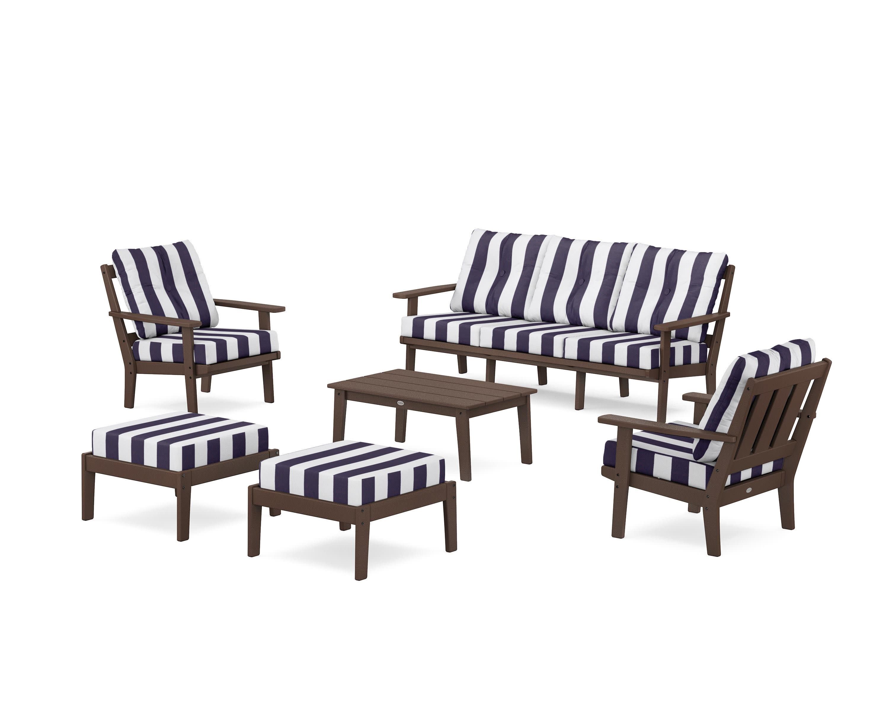 Oxford 6-Piece Lounge Sofa Set in Mahogany / Cabana Stripe Navy