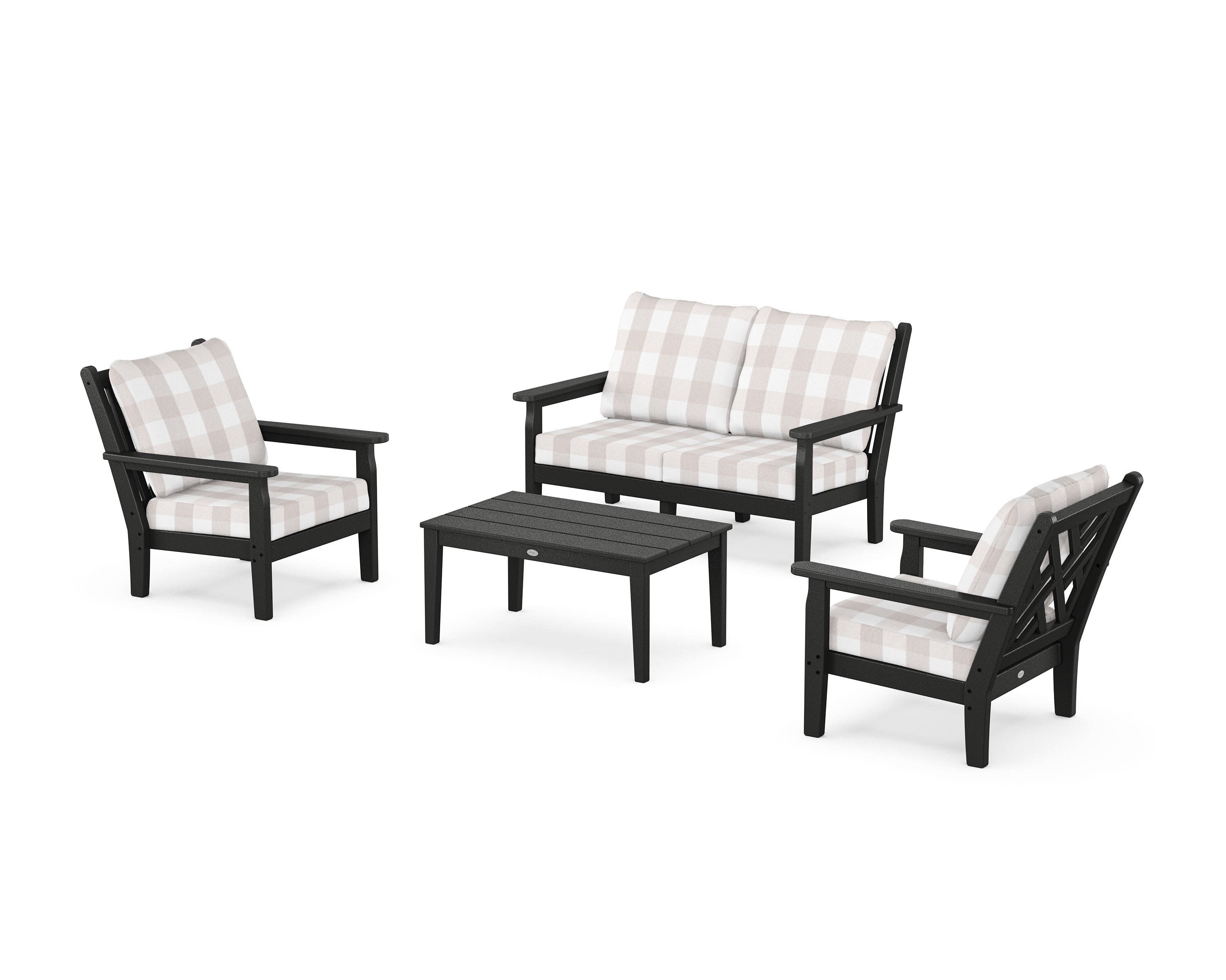 Chippendale 4-Piece Deep Seating Set with Loveseat in Black / Buffalo Plaid Dune Burlap