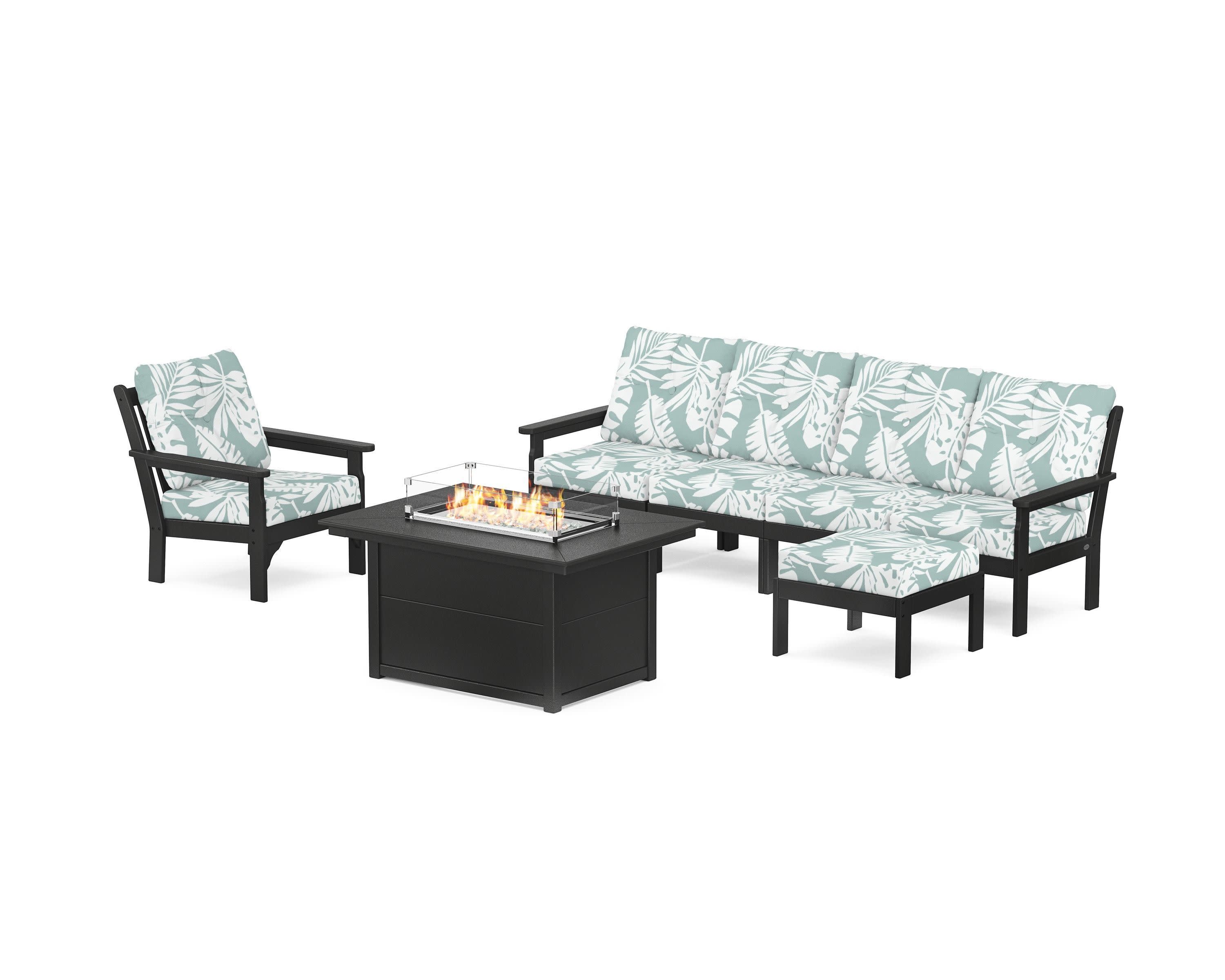 Vineyard Sectional Lounge and Fire Pit Set in Black / Leaf Glacier Spa