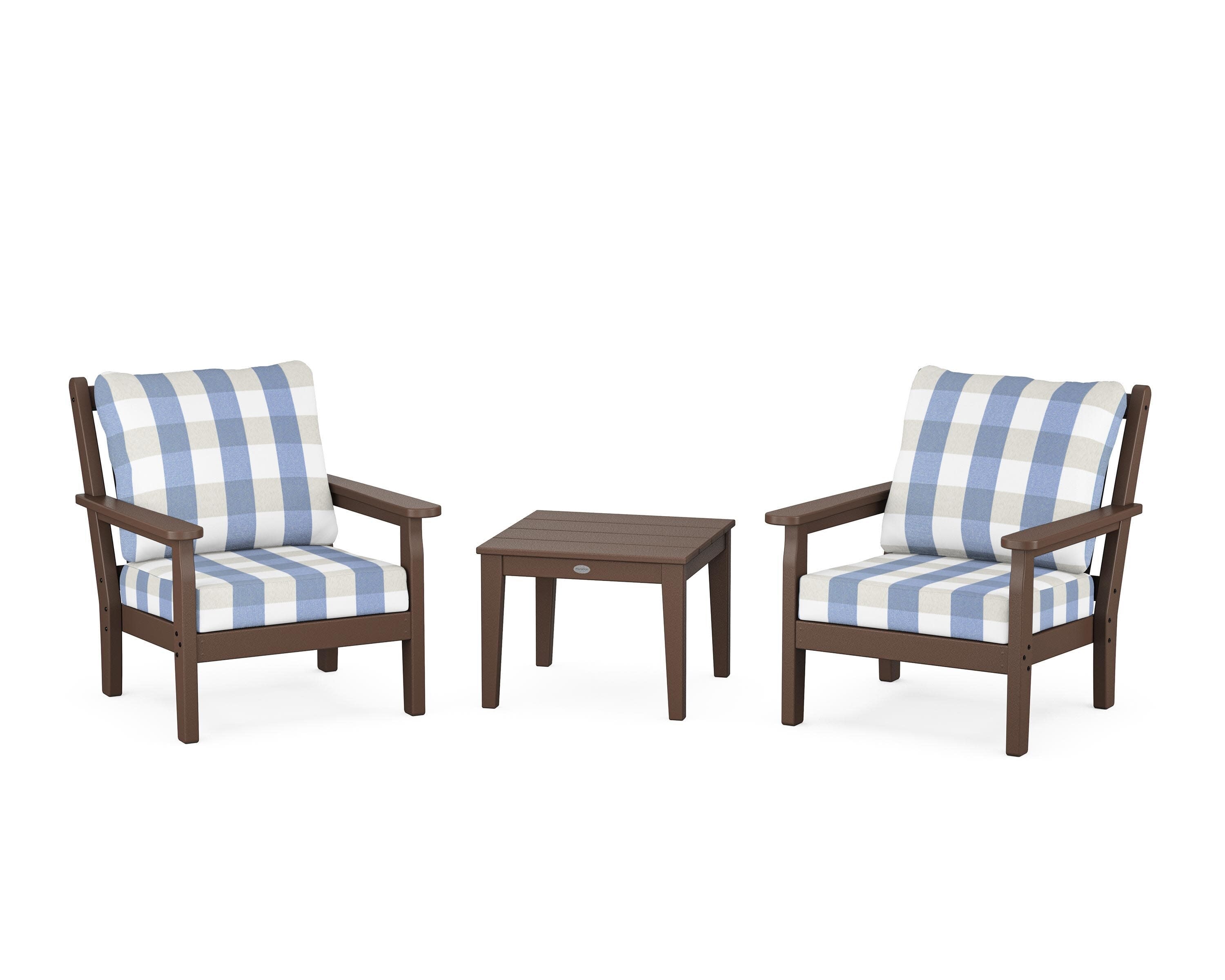Chippendale 3-Piece Deep Seating Set in Mahogany / Buffalo Plaid Sky Blue