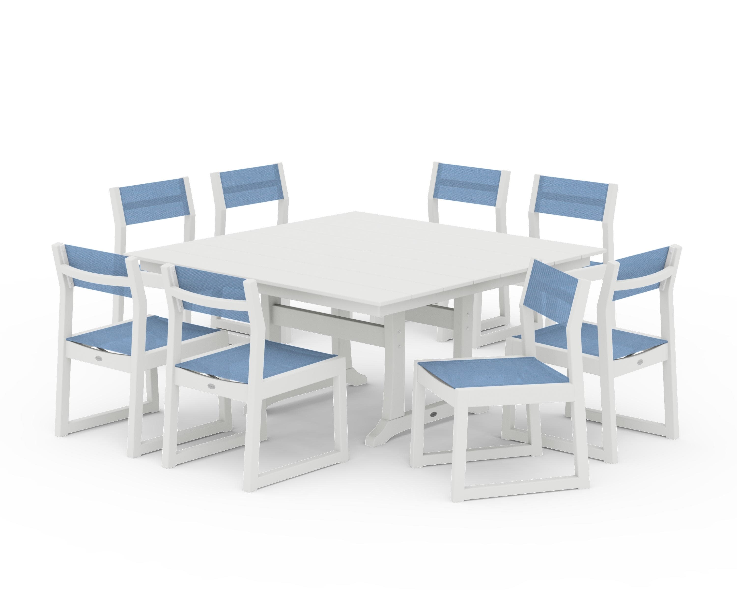 EDGE Sling Side Chair 9-Piece Farmhouse Trestle Dining Set in Vintage White / Poolside Sling