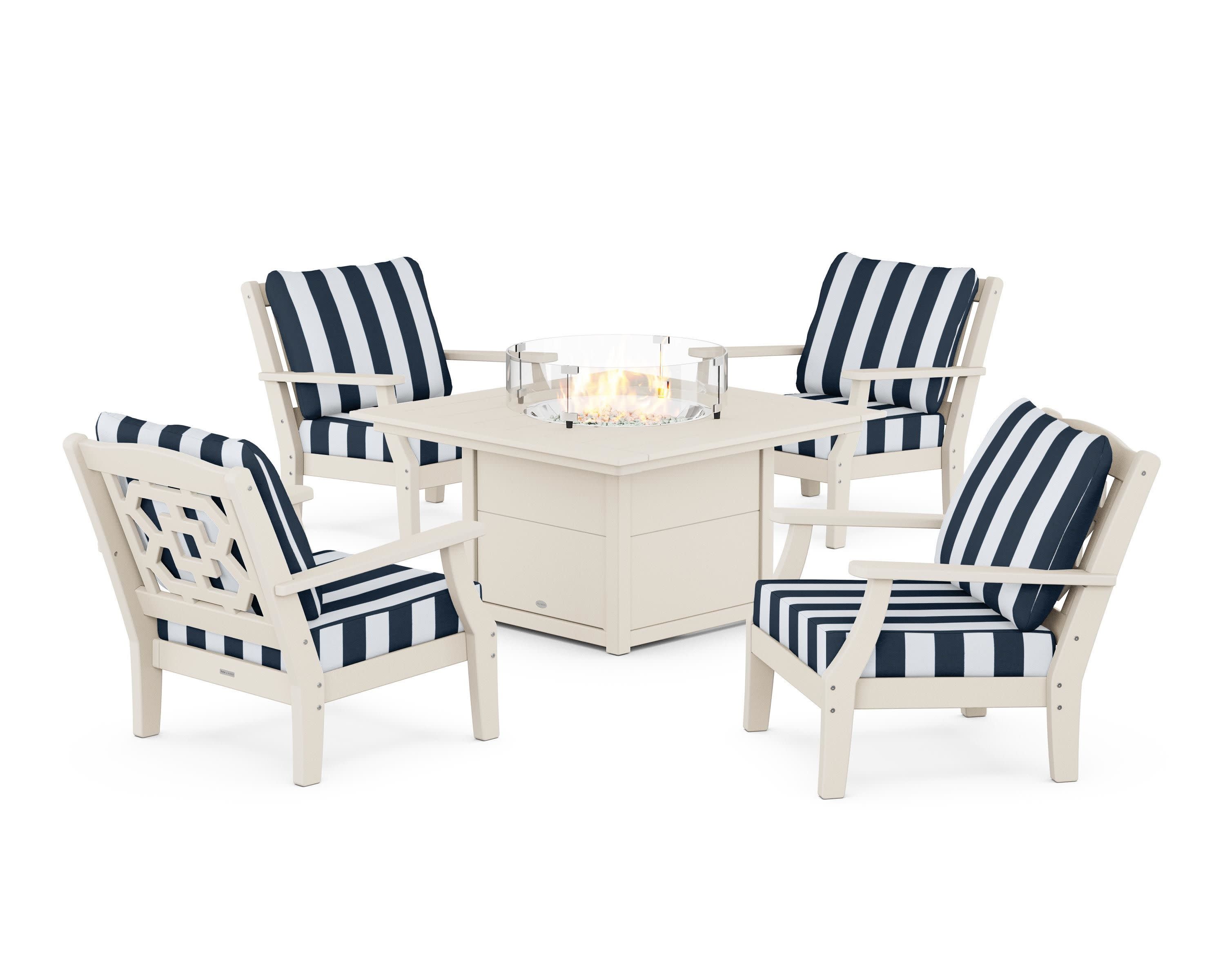 Chinoiserie 5-Piece Deep Seating Set with Fire Pit Table in Sand / Cabana Stripe Marine Indigo