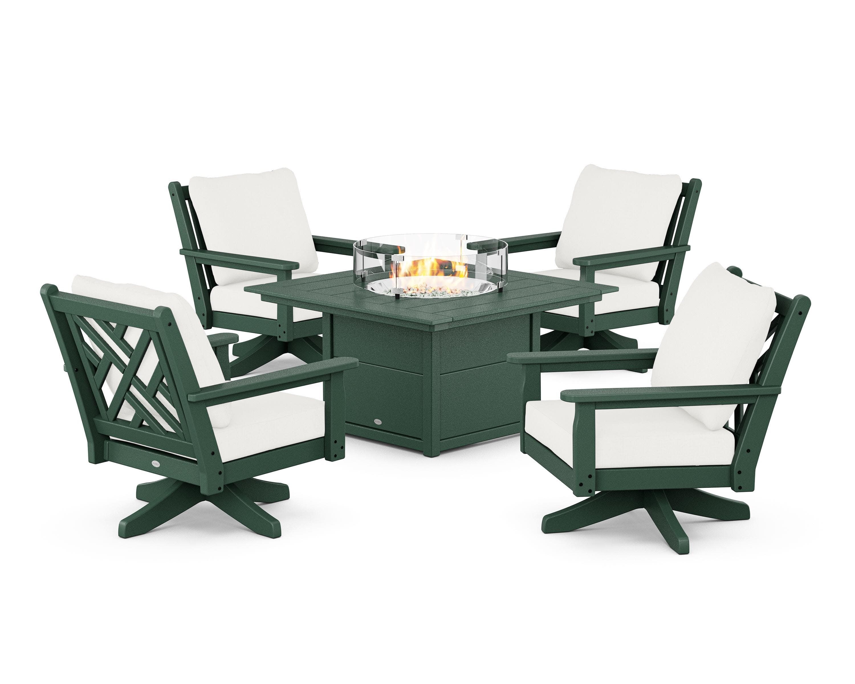 Chippendale 5-Piece Deep Seating Swivel Conversation Set with Fire Pit Table in Green / Natural Linen