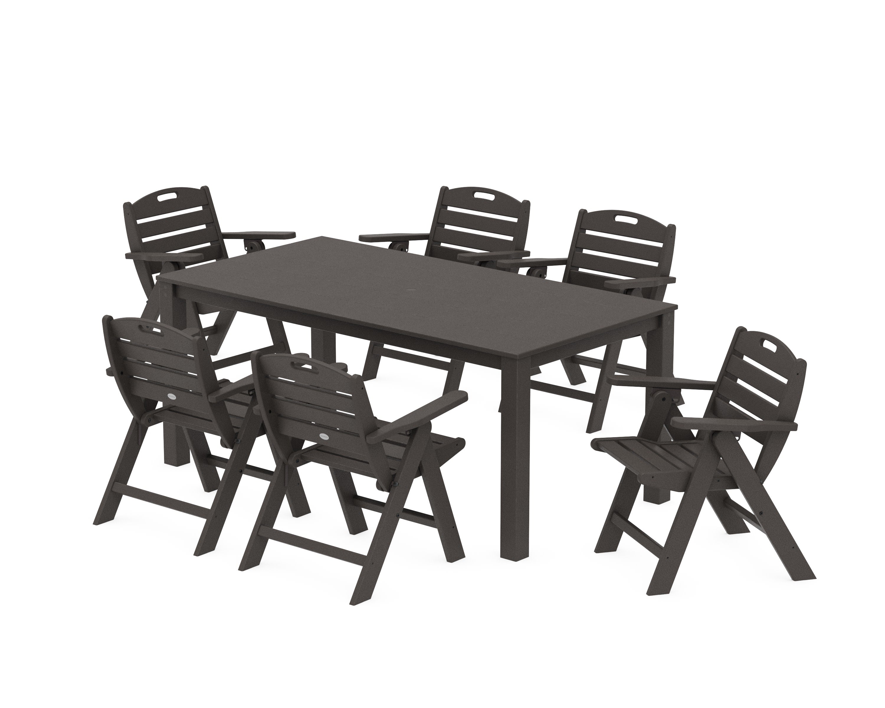 Nautical Folding Lowback Chair 7-Piece Parsons Dining Set in Vintage Coffee