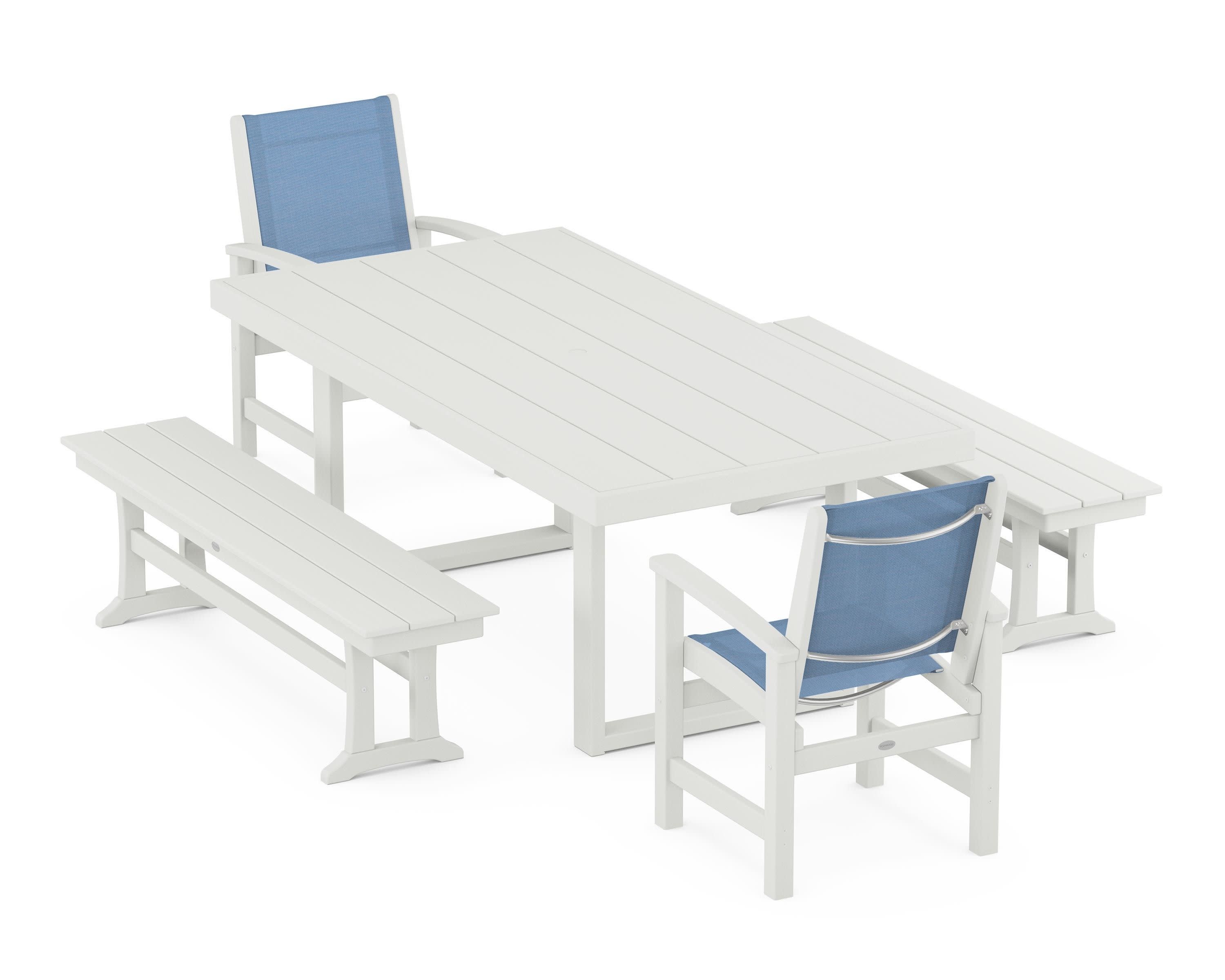 Coastal 5-Piece Dining Set with Trestle Legs in Vintage White / Poolside Sling