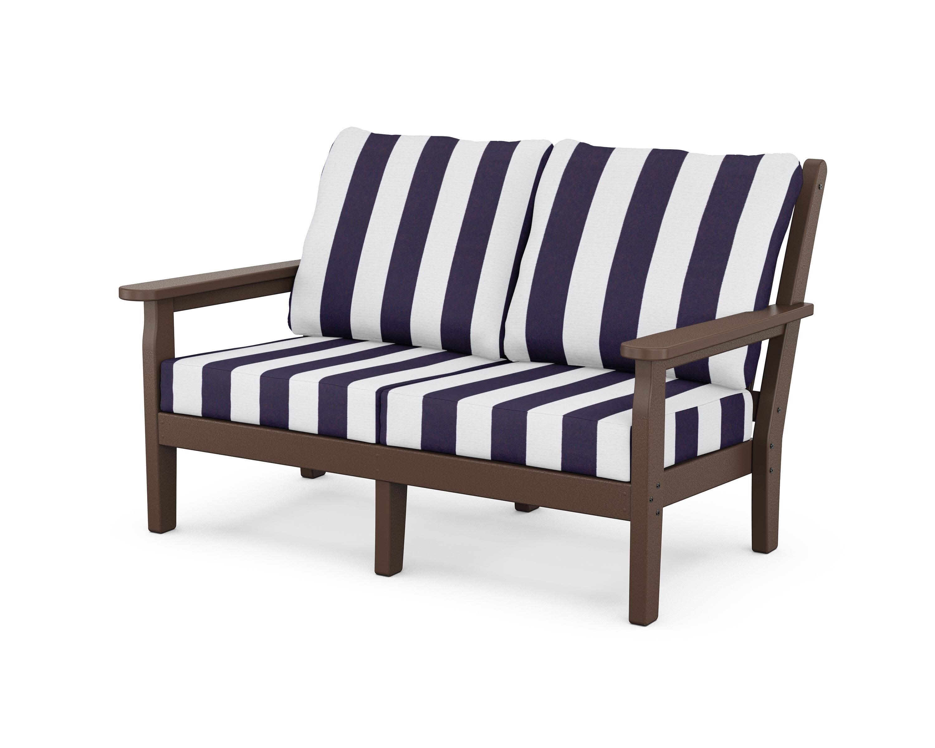 Chippendale Deep Seating Loveseat in Mahogany / Cabana Stripe Navy