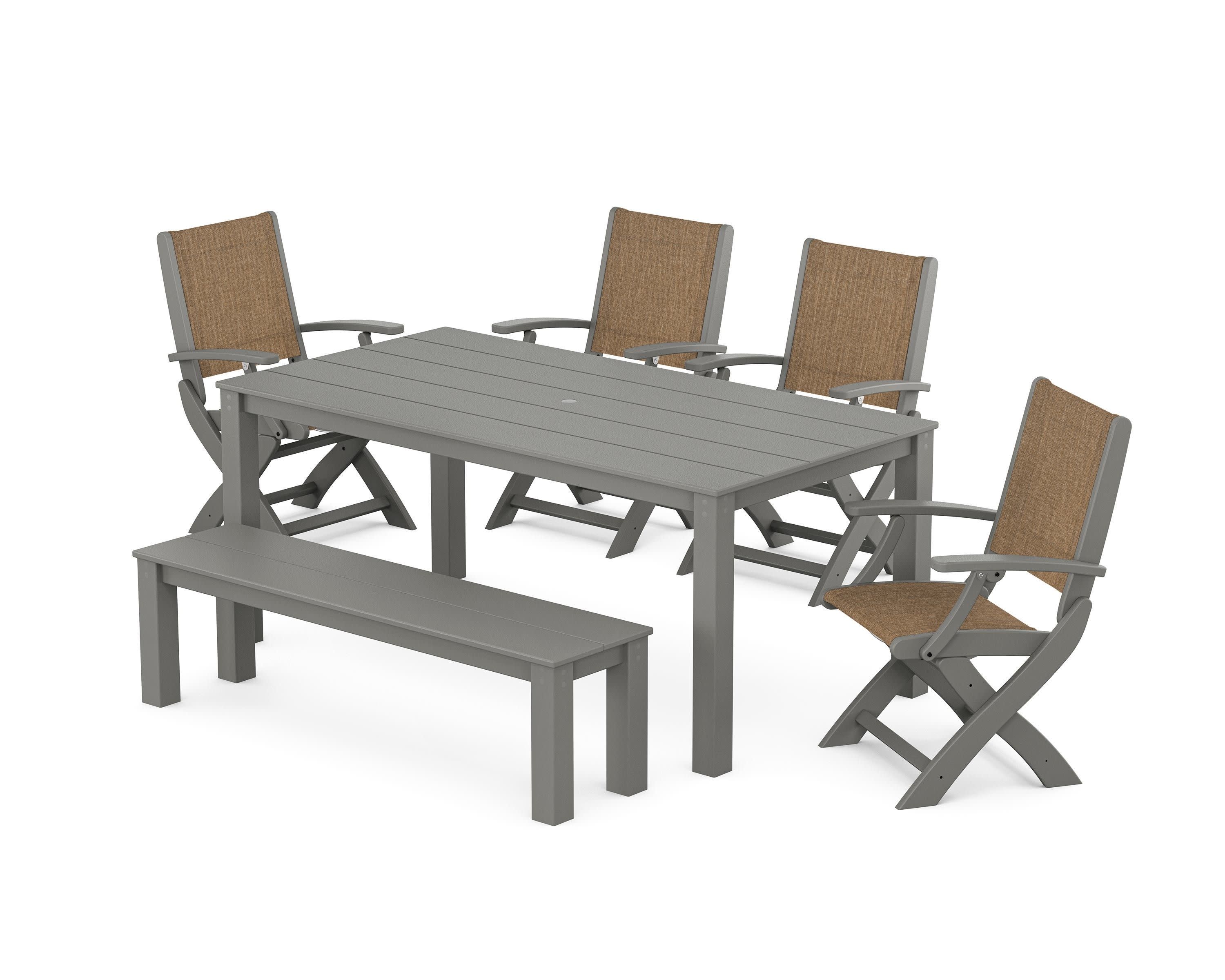 Coastal Folding Chair 6-Piece Parsons Dining Set with Bench in Slate Grey / Burlap Sling