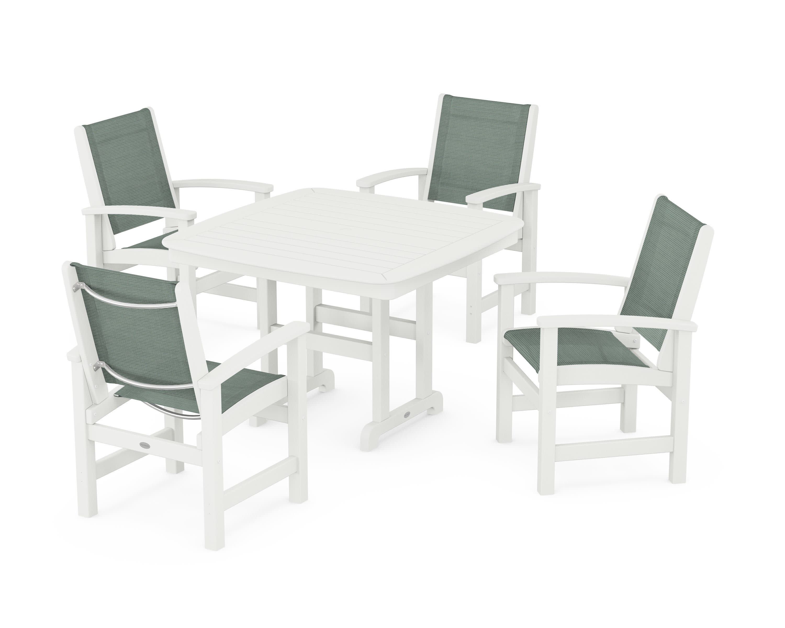 Coastal 5-Piece Dining Set in Vintage White / Dupioni Sea Mist Sling