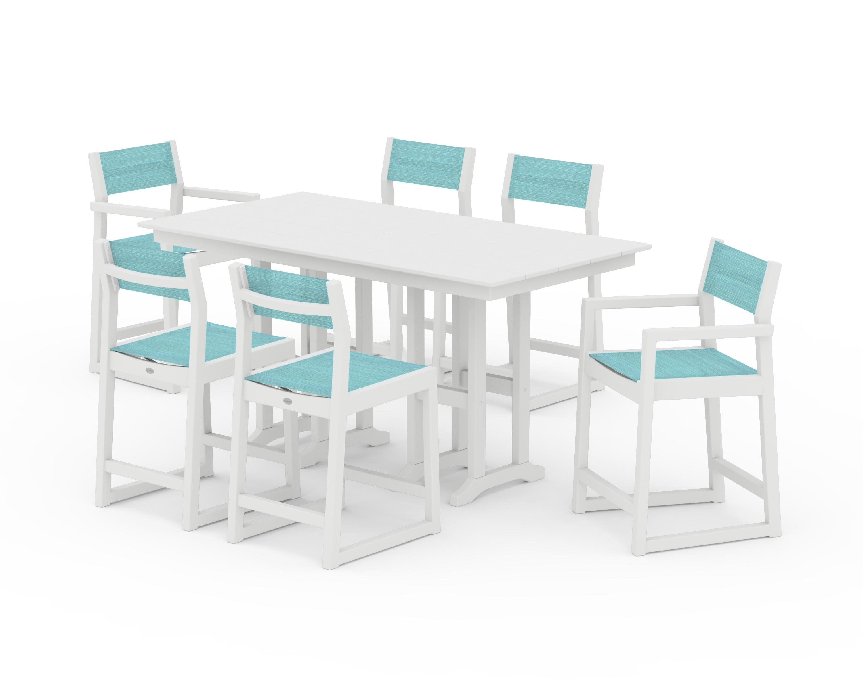 EDGE Sling 7-Piece Farmhouse Counter Set with Trestle Legs in White / Dupioni Aquamarine Sling