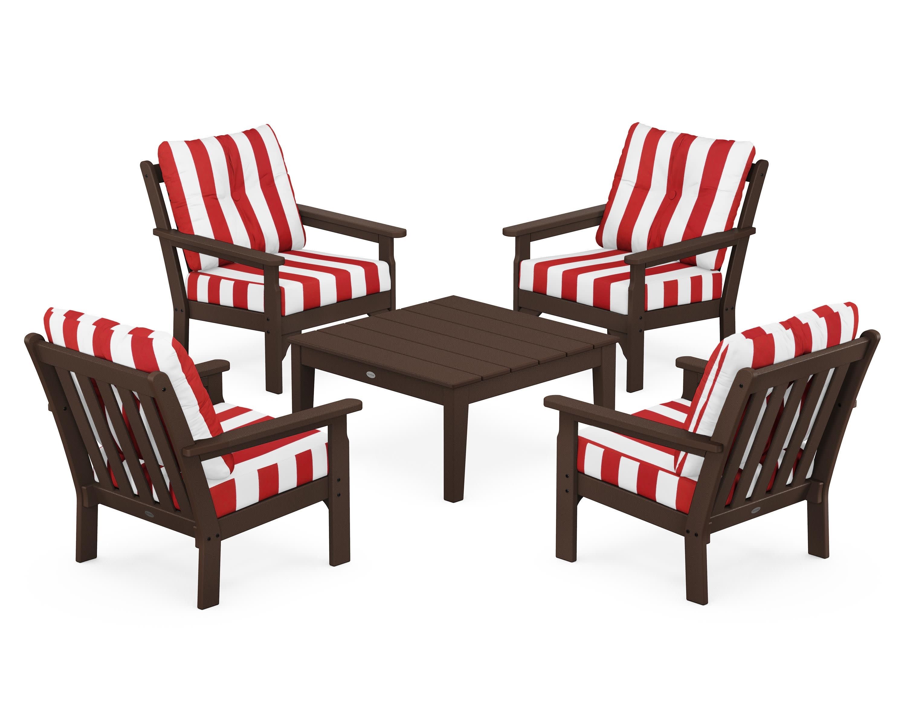 Vineyard 5-Piece Deep Seating Conversation Set in Mahogany / Cabana Stripe Crimson