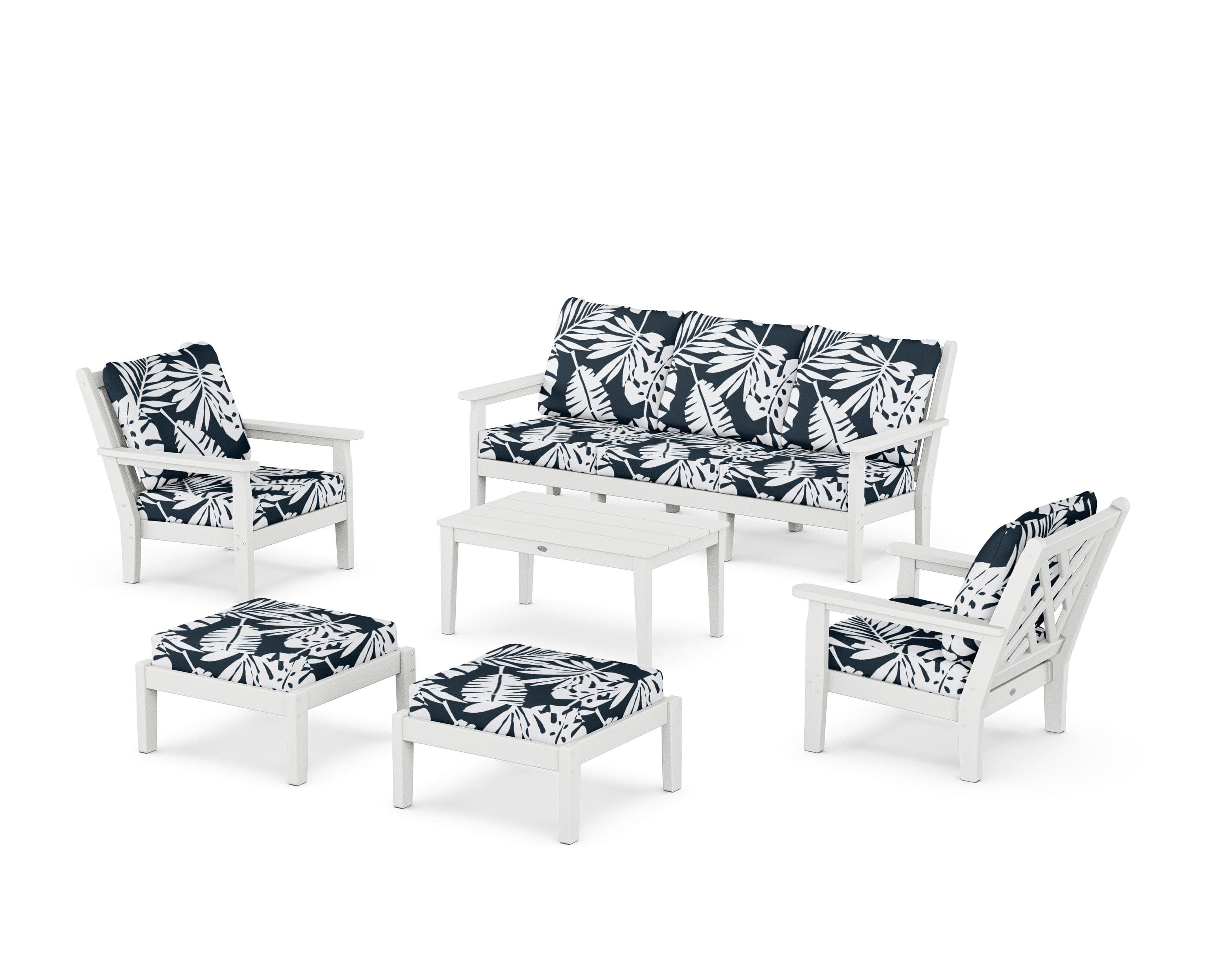 Chippendale 6-Piece Lounge Sofa Set in White / Leaf Marine Indigo