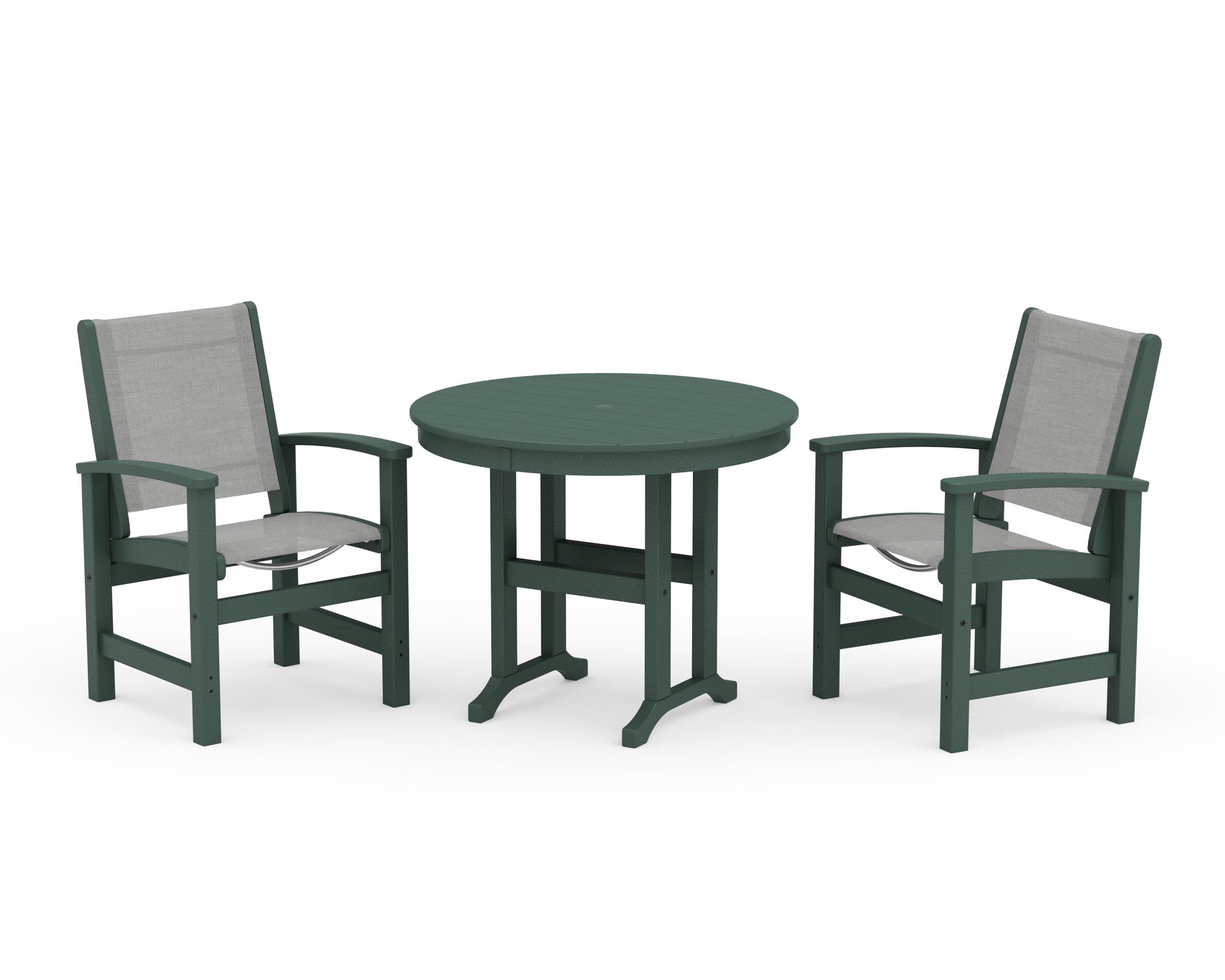 Coastal 3-Piece Round Dining Set in Green / Metallic Sling
