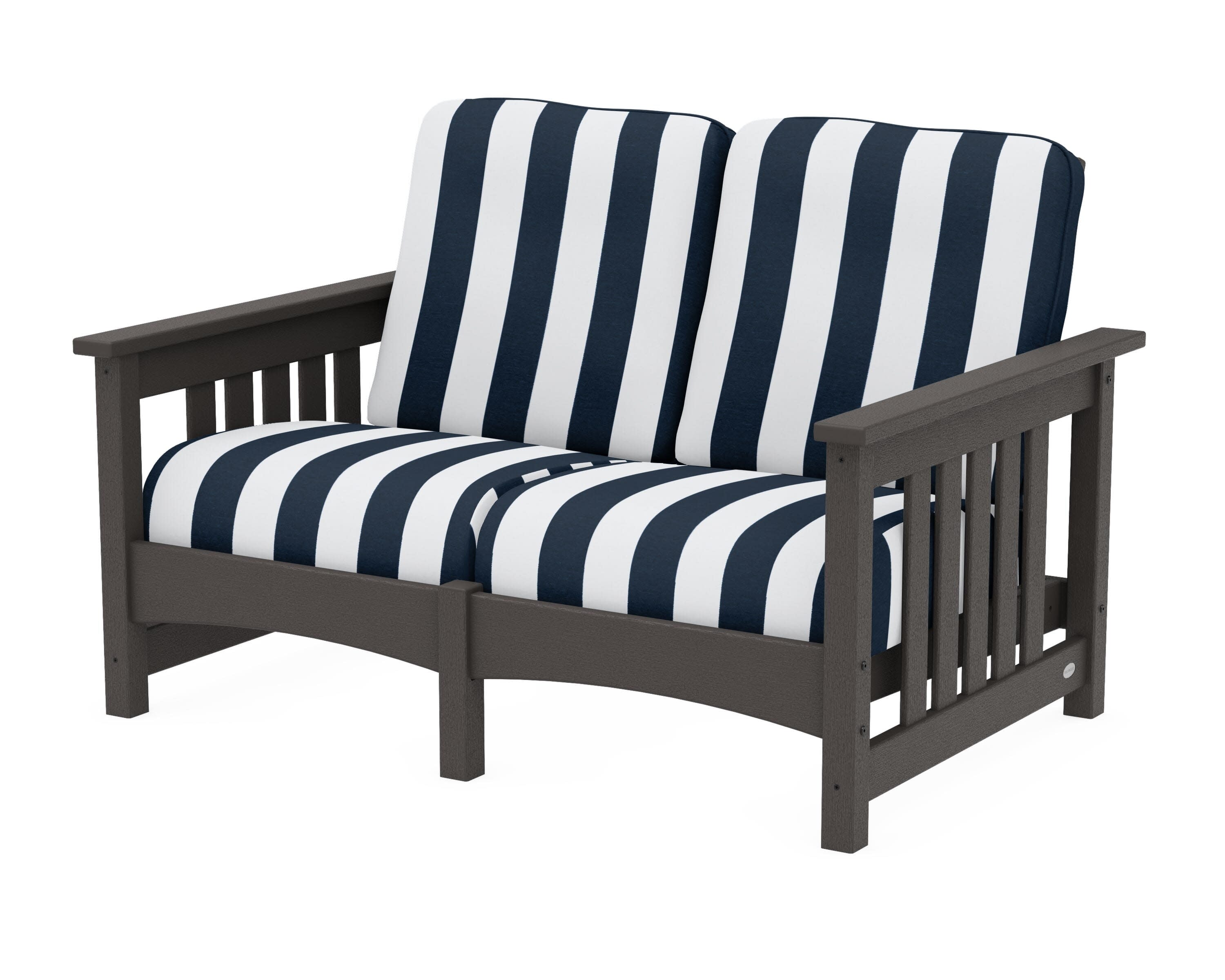 Club Mission Loveseat in Vintage Coffee / Cabana Stripe Marine Indigo