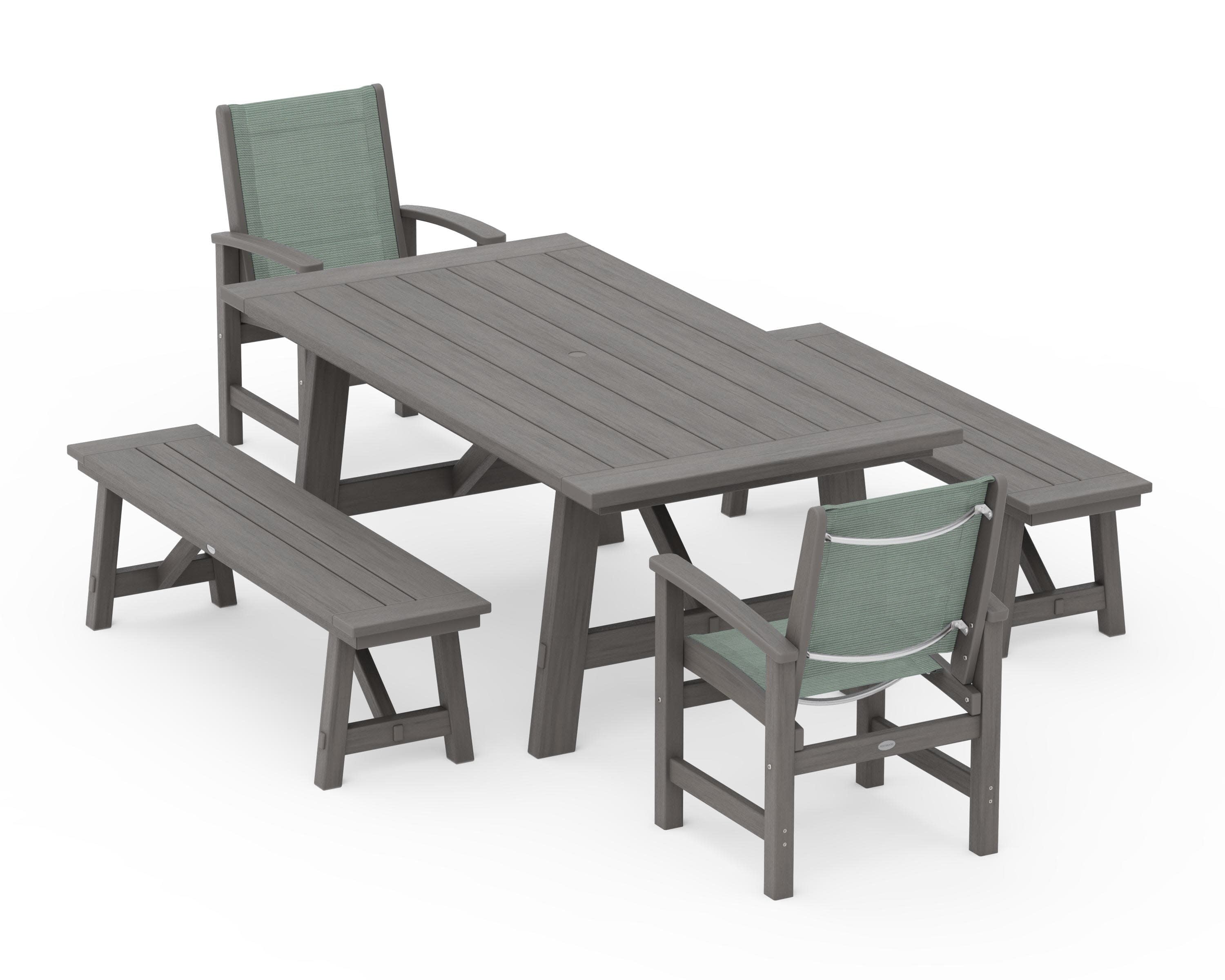 Coastal 5-Piece Rustic Farmhouse Dining Set With Benches in Driftwood / Dupioni Sea Mist Sling