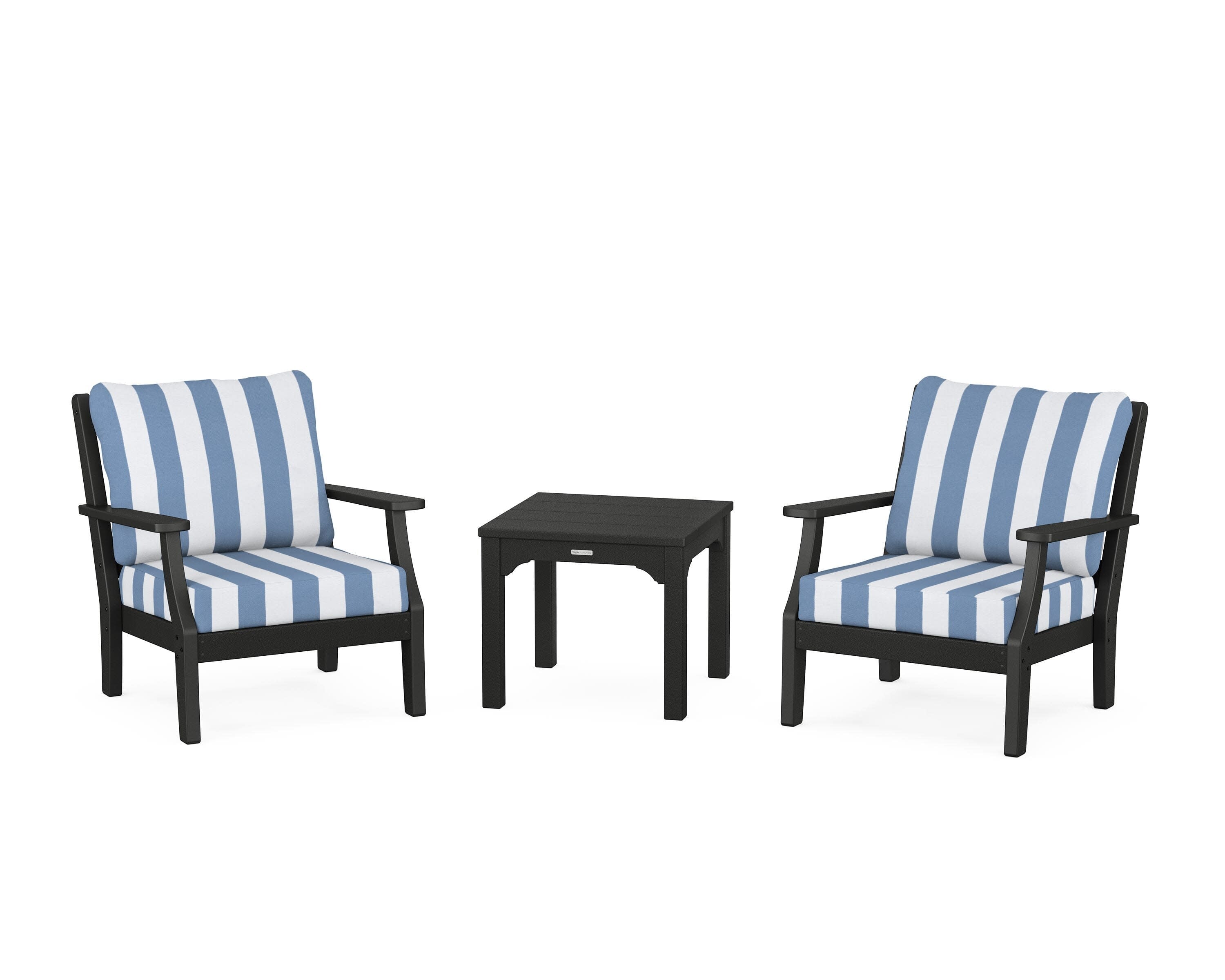 Chinoiserie 3-Piece Deep Seating Set in Black / Cabana Stripe Sky Blue