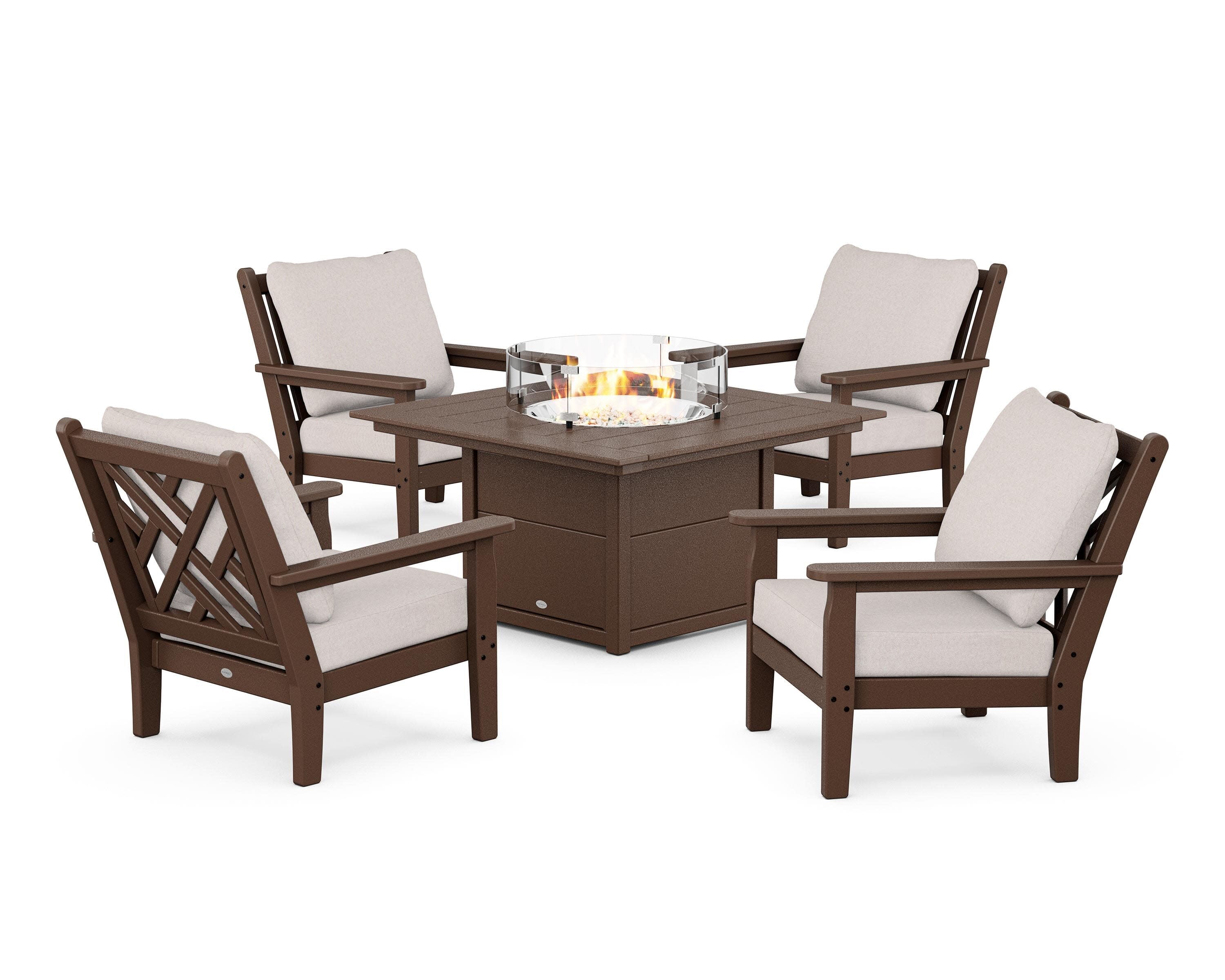 Chippendale 5-Piece Deep Seating Set with Fire Pit Table in Mahogany / Dune Burlap
