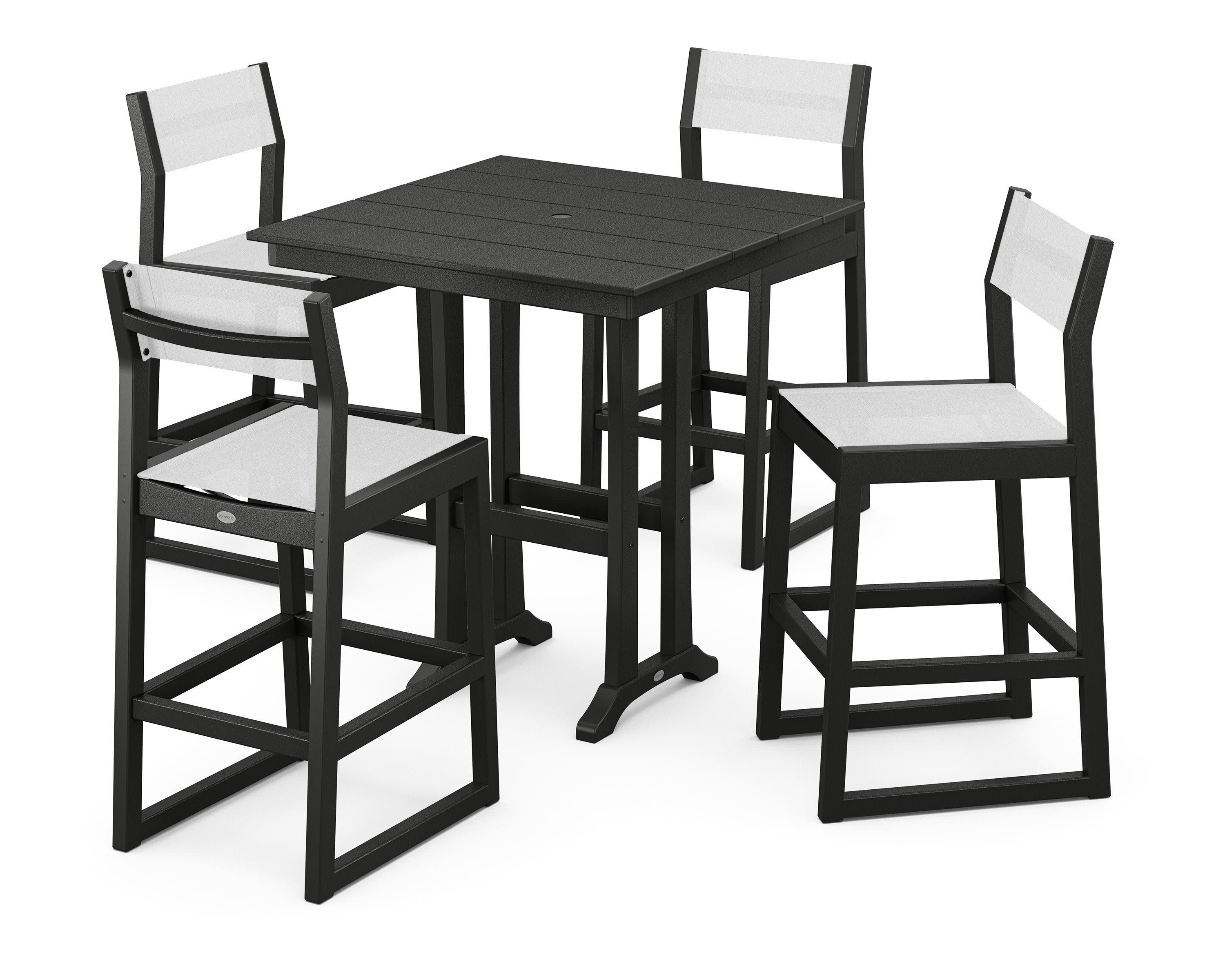 EDGE Sling Arm Chair 5-Piece Farmhouse Bar Set with Trestle Legs in Black / White Sling
