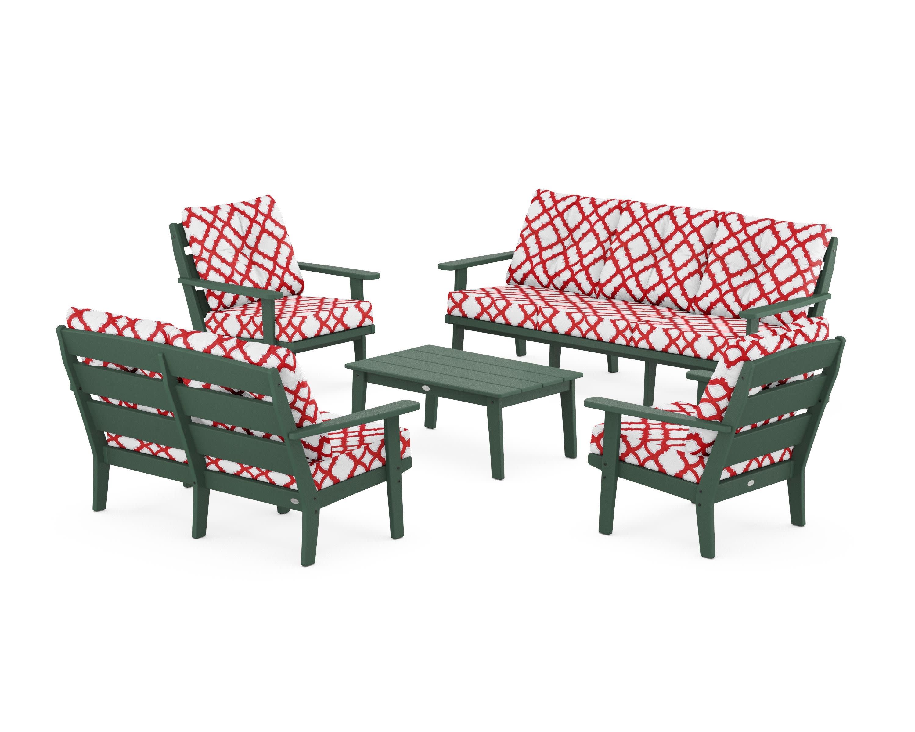 Lakeside 5-Piece Lounge Sofa Set in Green / Trellis Crimson