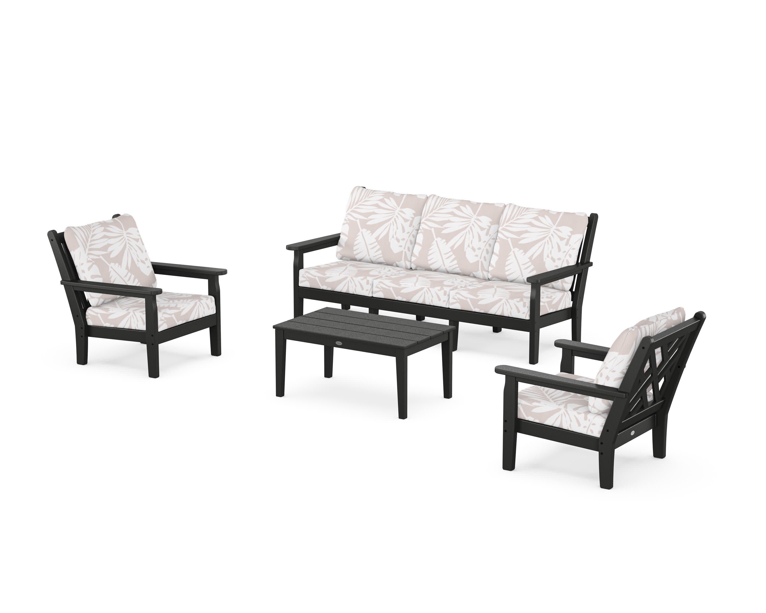 Chippendale 4-Piece Deep Seating Set with Sofa in Black / Leaf Dune Burlap