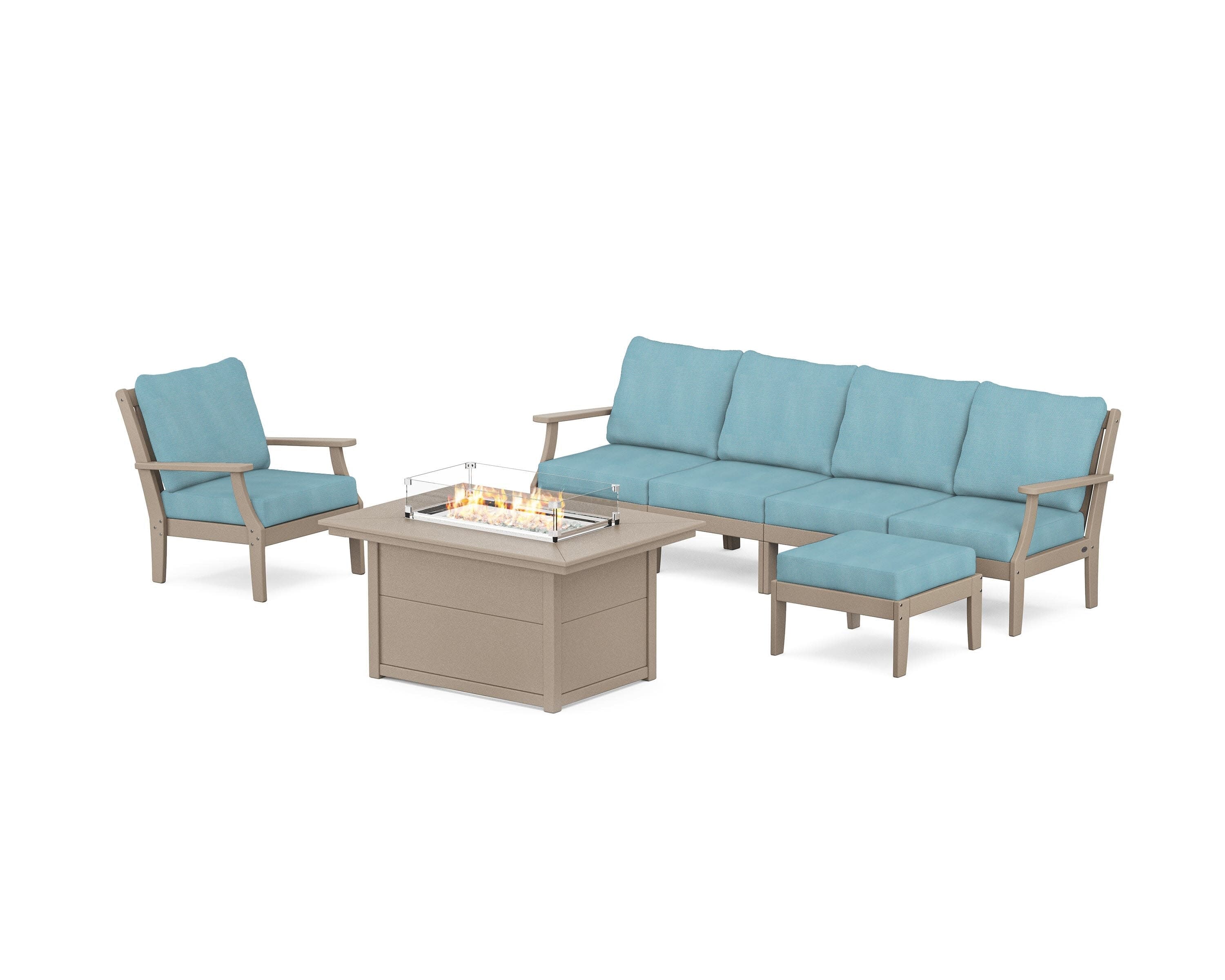 Braxton Sectional Lounge and Fire Pit Set in Vintage Sahara / Lattice Sky Blue