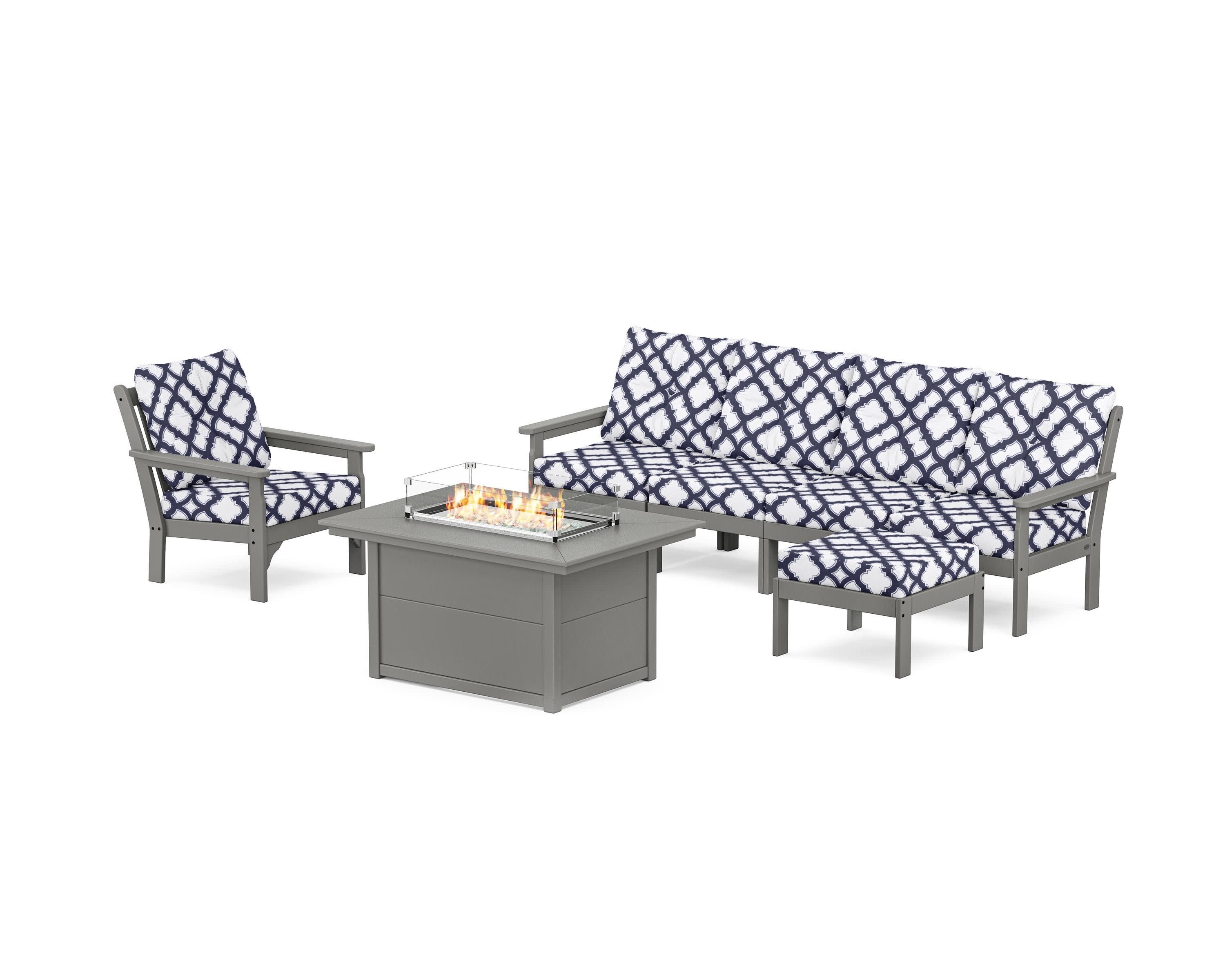 Vineyard Sectional Lounge and Fire Pit Set in Slate Grey / Trellis Navy