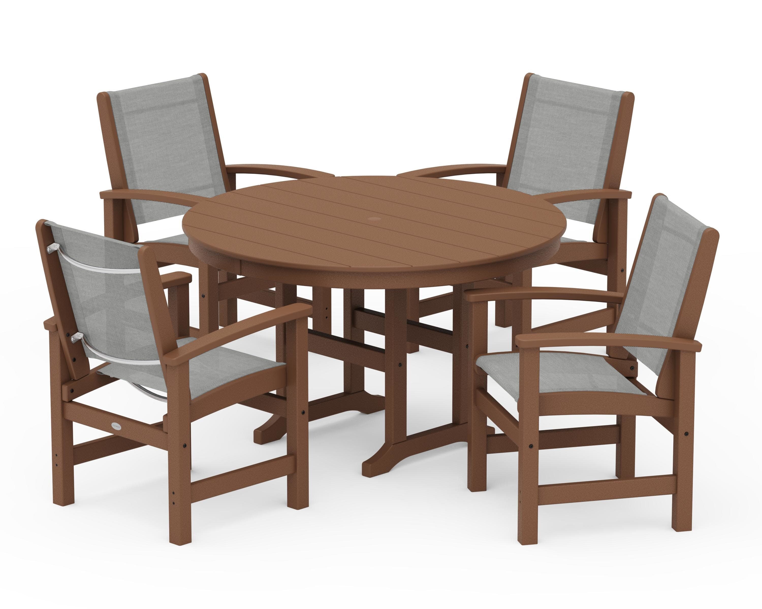 Coastal 5-Piece Round Farmhouse Dining Set in Teak / Metallic Sling