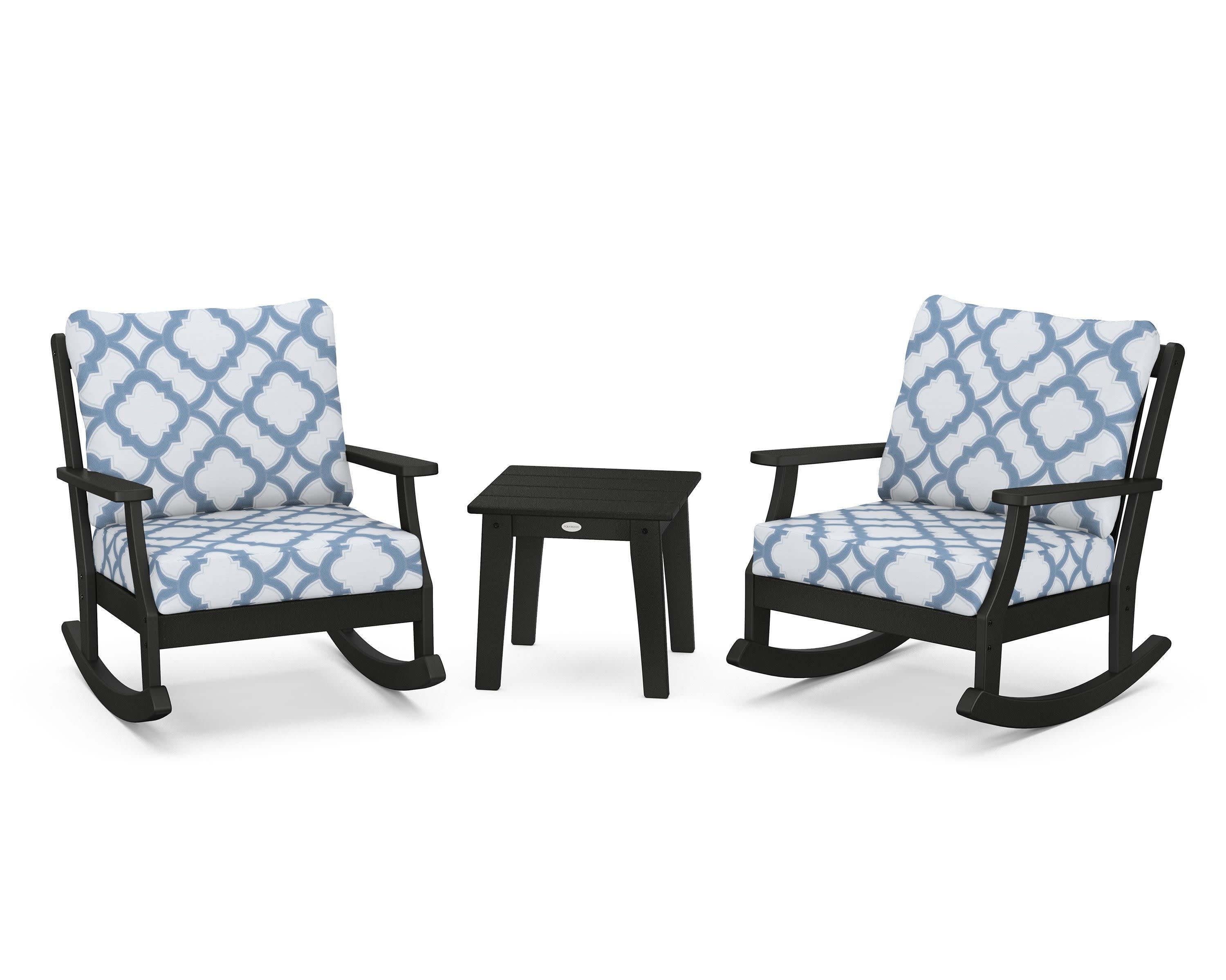 Braxton 3-Piece Deep Seating Rocker Set in Black / Trellis Sky Blue
