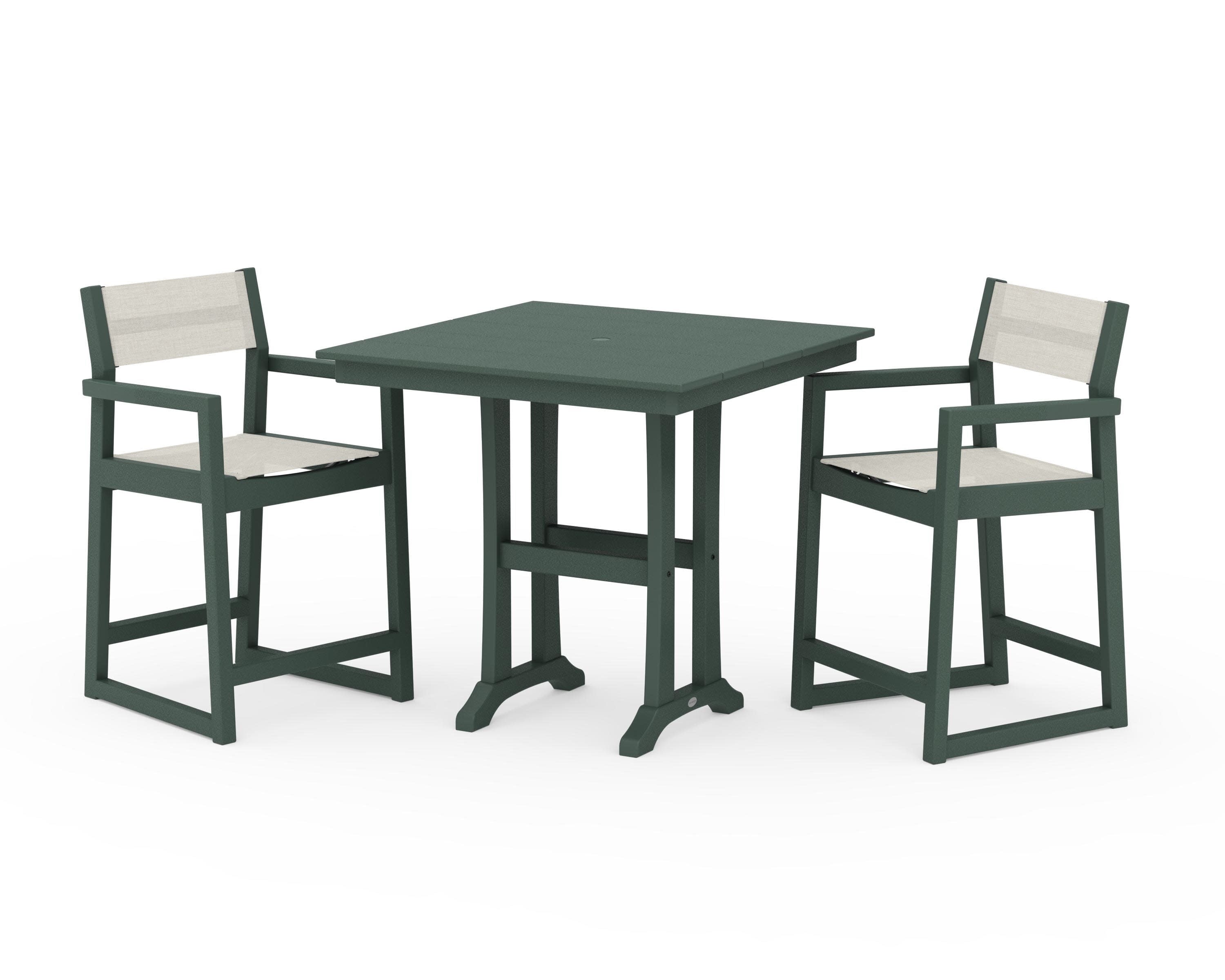 EDGE Sling Arm Chair 3-Piece Farmhouse Counter Set with Trestle Legs in Green / Parchment Sling