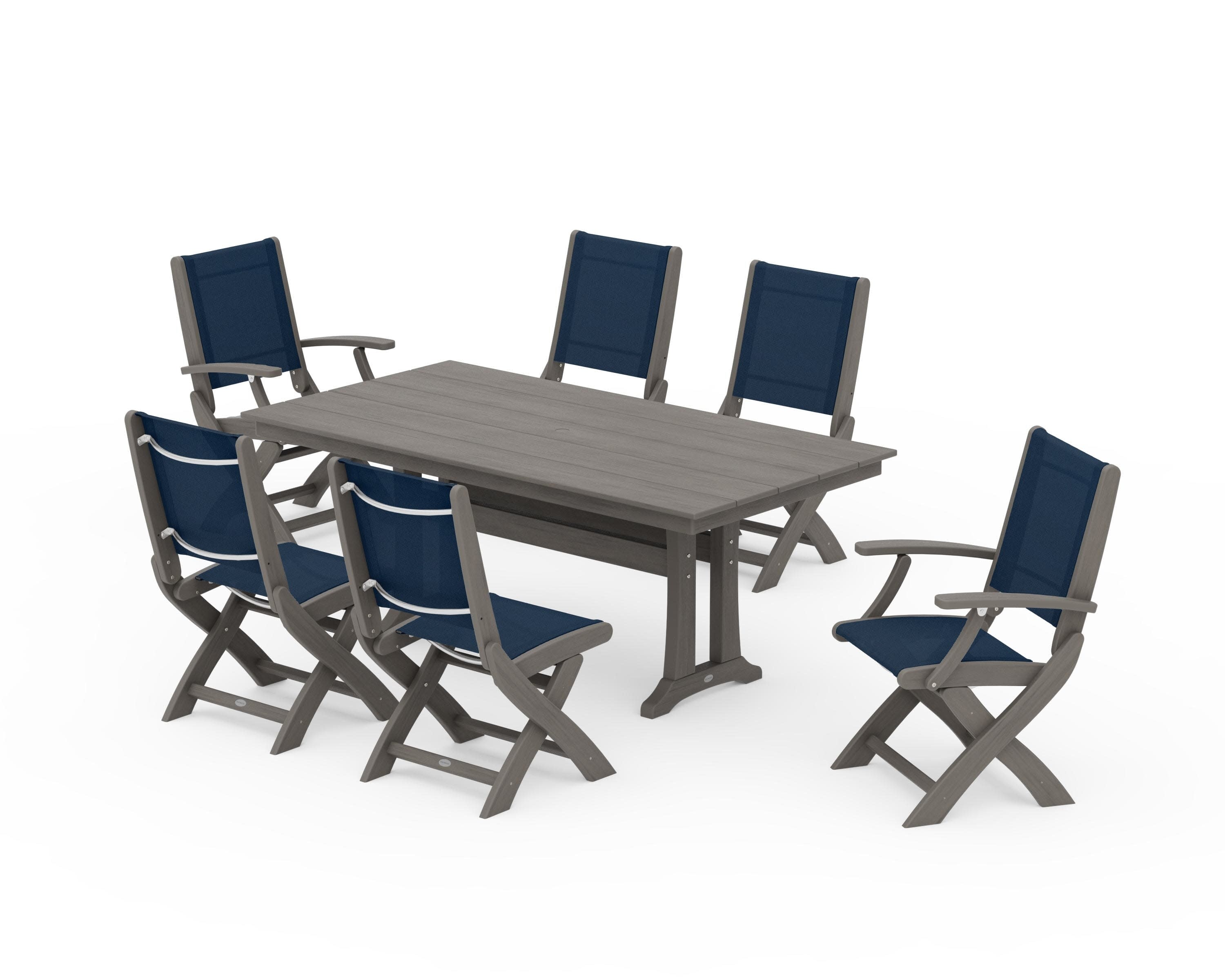 Coastal Folding Chair 7-Piece Farmhouse Dining Set with Trestle Legs in Driftwood / Navy Blue Sling