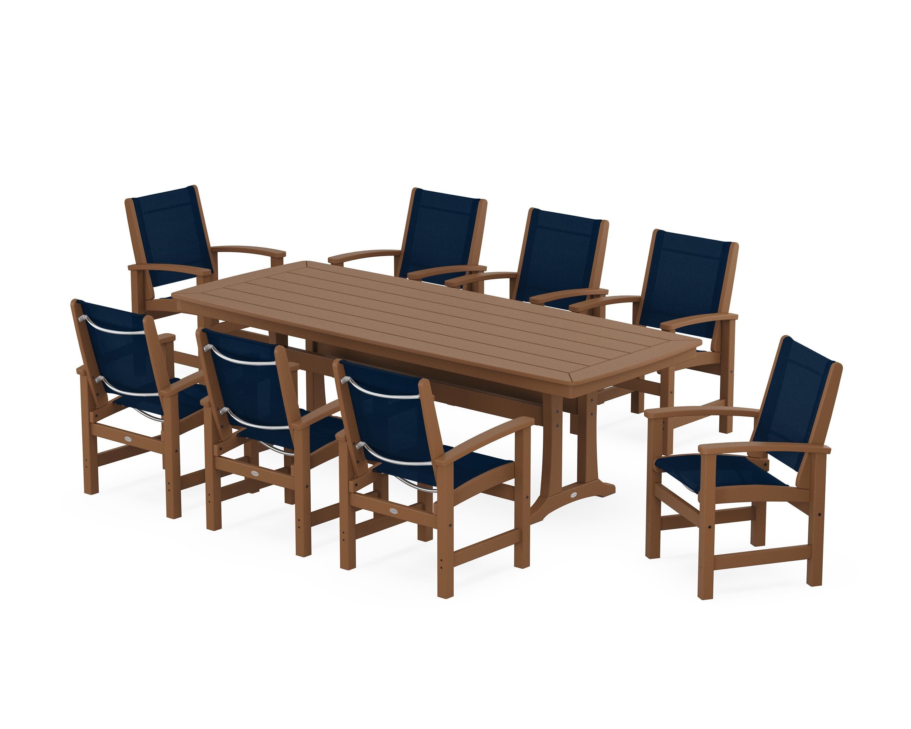 Coastal 9-Piece Dining Set with Trestle Legs in Teak / Navy Blue Sling