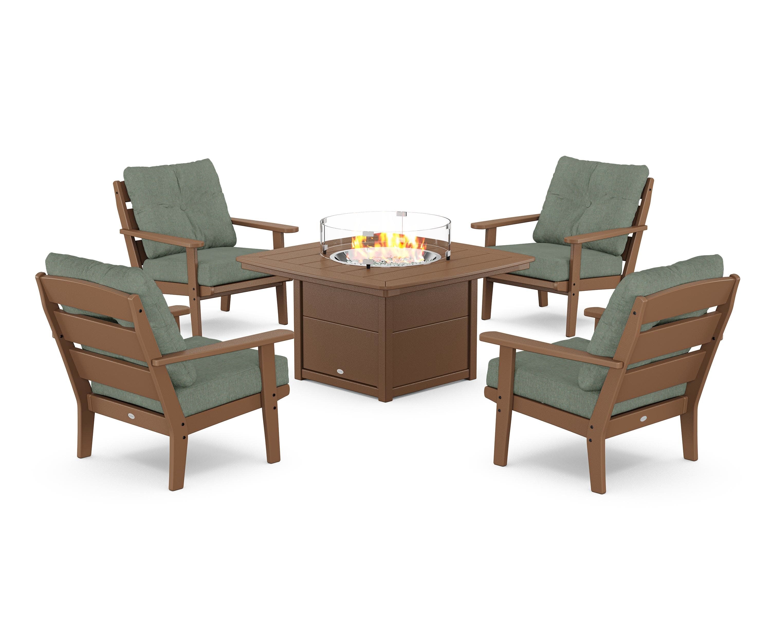 Lakeside 5-Piece Deep Seating Set with Nautical Fire Pit Table in Teak / Cast Sage