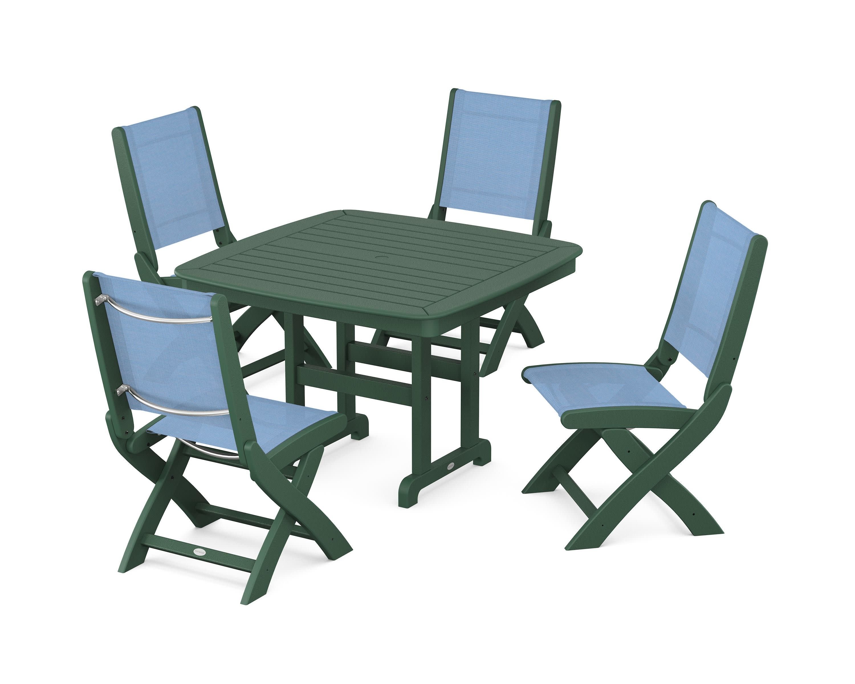 Coastal Folding Side Chair 5-Piece Dining Set in Green / Poolside Sling
