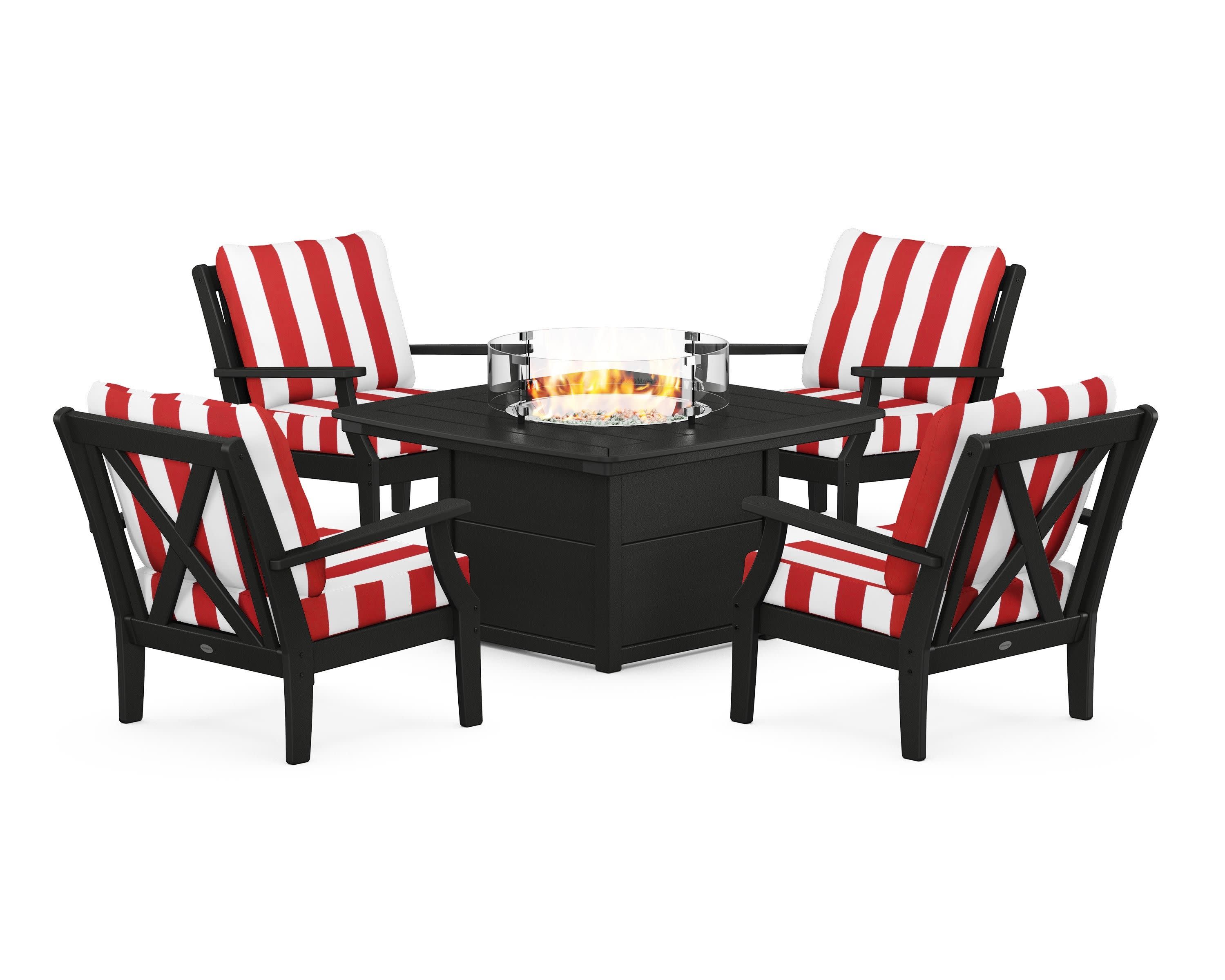 Braxton 5-Piece Deep Seating Conversation Set with Fire Pit Table in Black / Cabana Stripe Crimson
