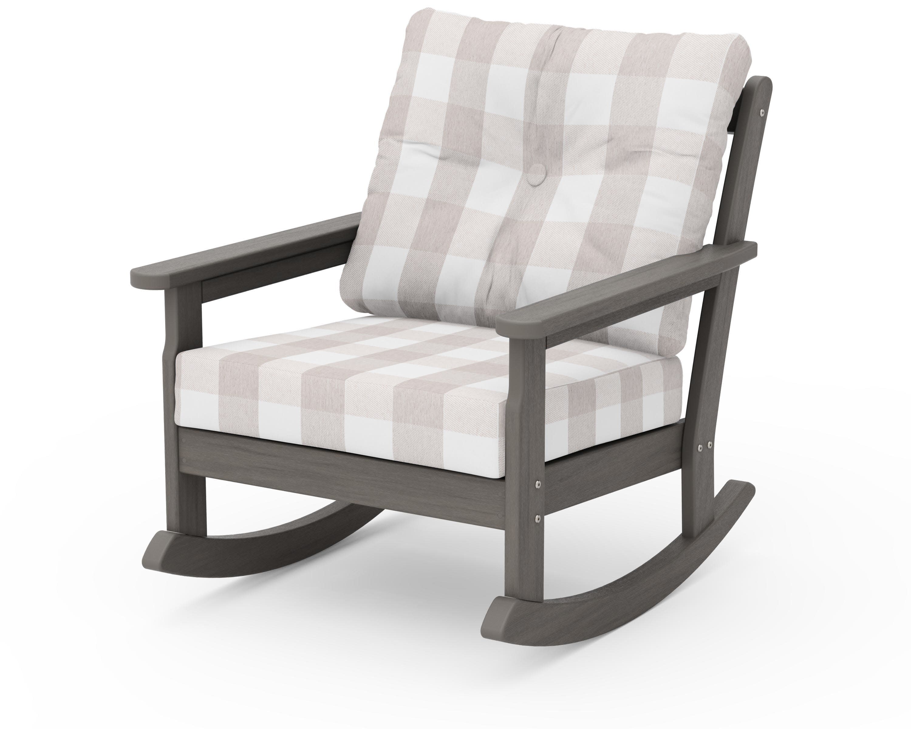 Vineyard Deep Seating Rocking Chair in Driftwood / Buffalo Plaid Dune Burlap