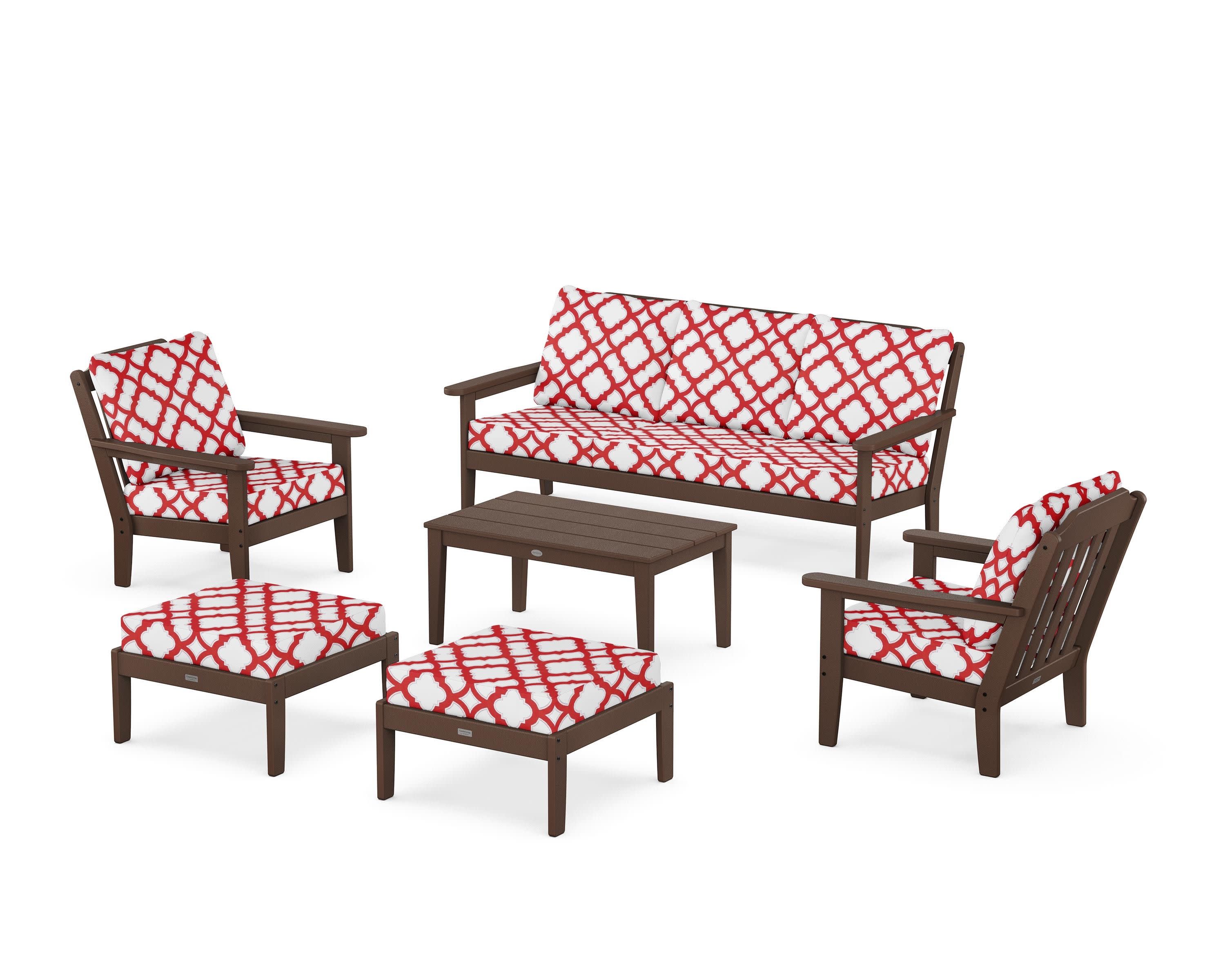 Cottage 6-Piece Lounge Sofa Set in Mahogany / Trellis Crimson