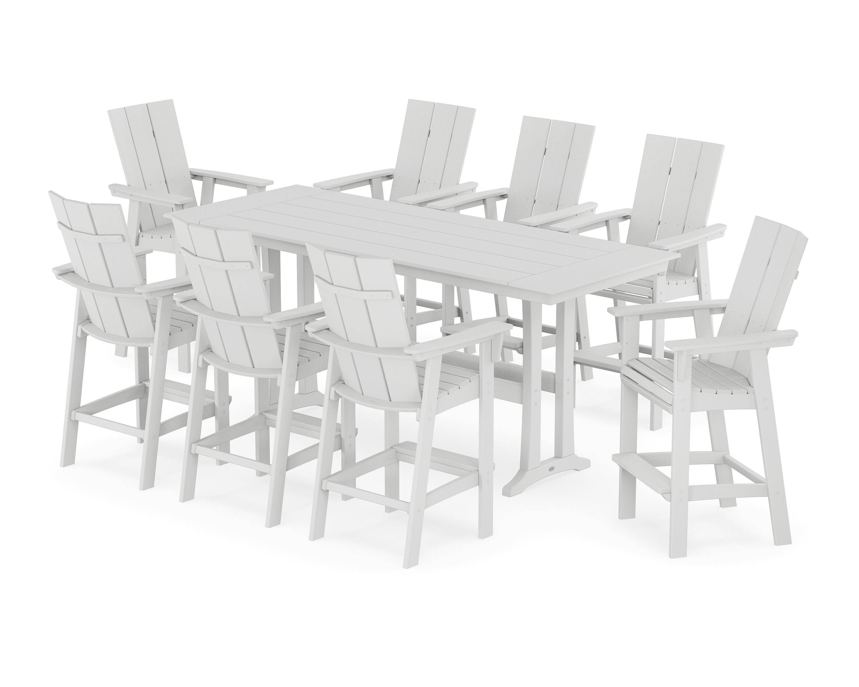Modern Curveback Adirondack 9-Piece Farmhouse Bar Set with Trestle Legs in White