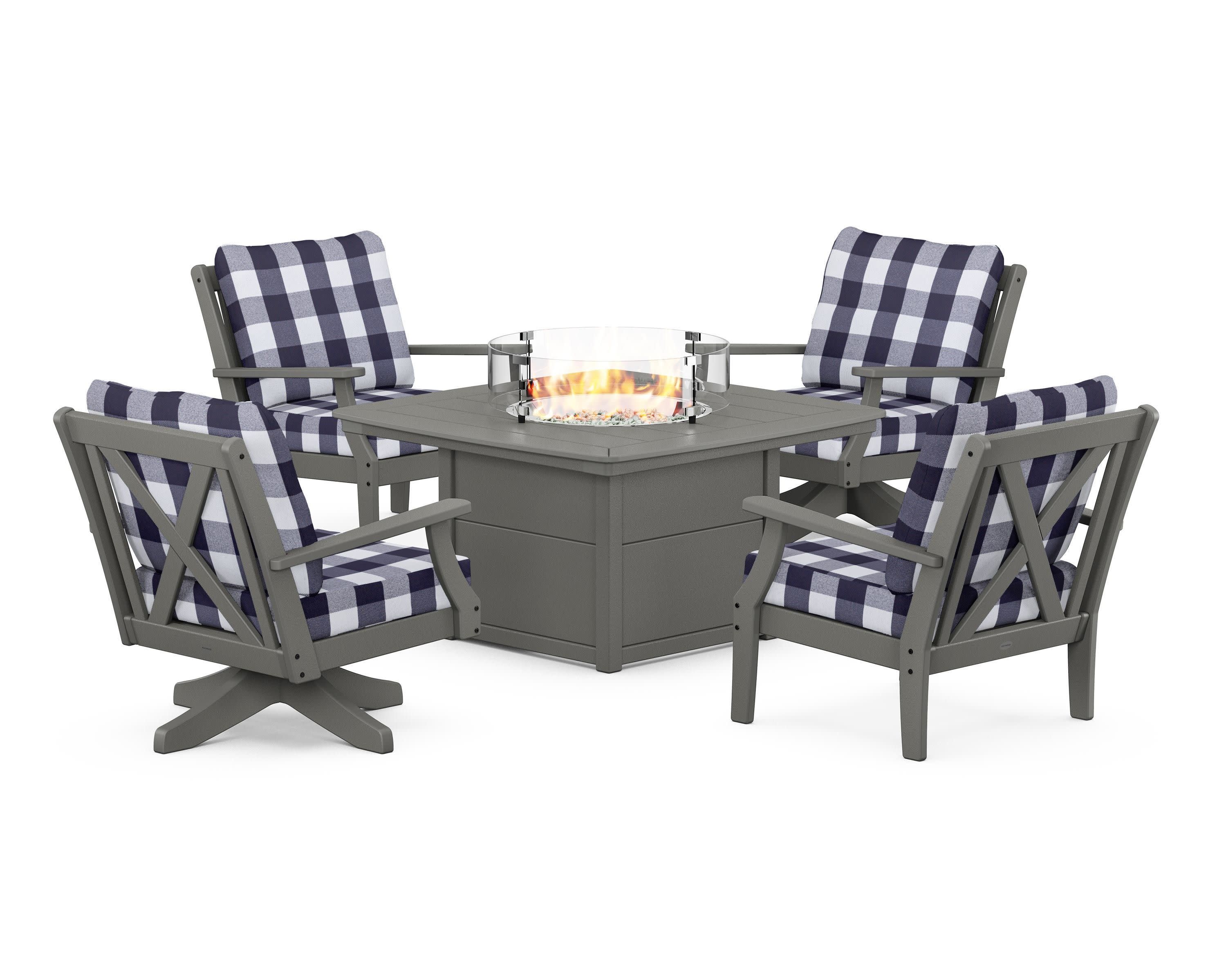 Braxton 5-Piece Deep Seating Set with Fire Table in Slate Grey / Buffalo Plaid Navy