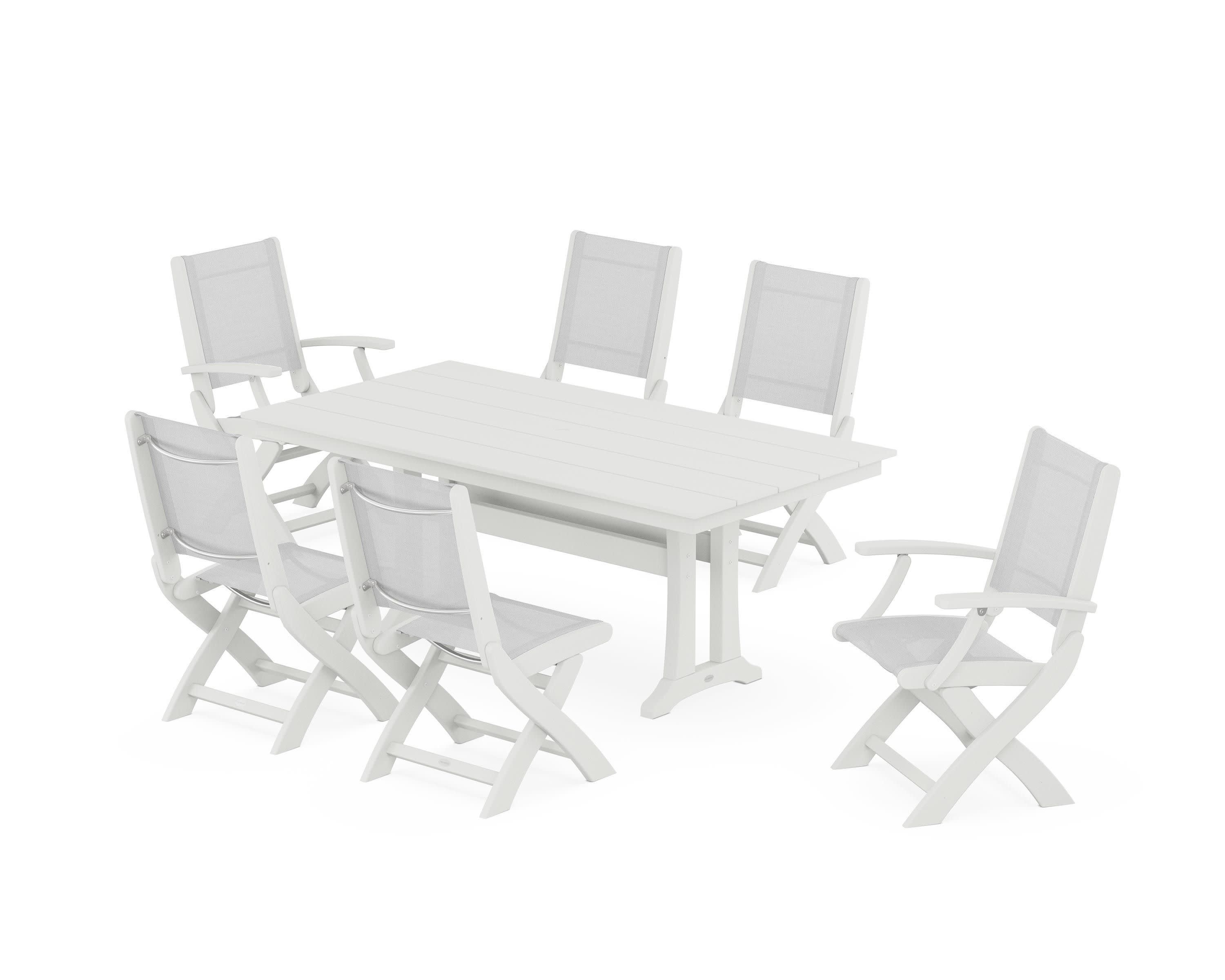 Coastal Folding Chair 7-Piece Farmhouse Dining Set with Trestle Legs in Vintage White / White Sling