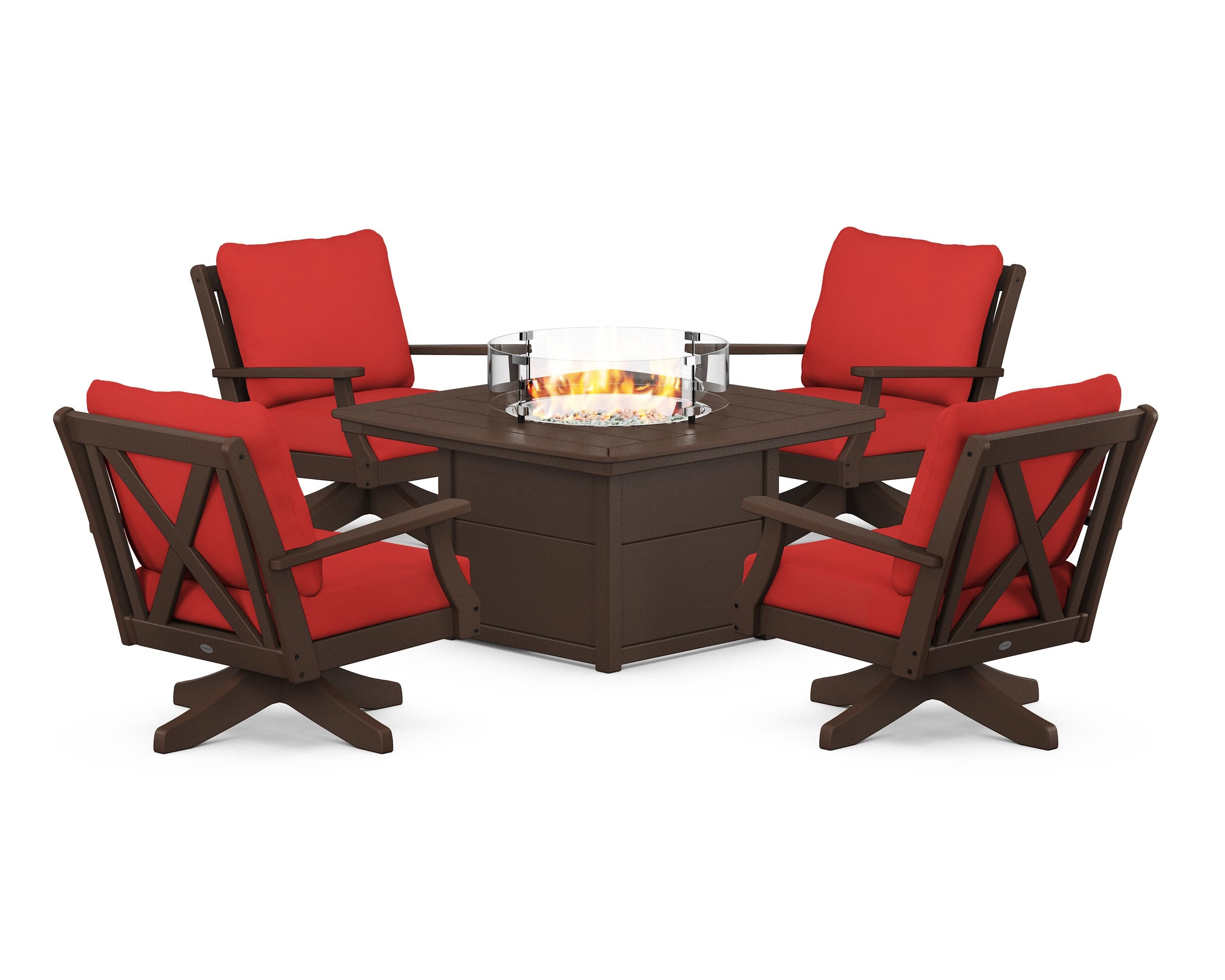 Braxton 5-Piece Deep Seating Swivel Conversation Set with Fire Pit Table in Mahogany / Crimson Linen