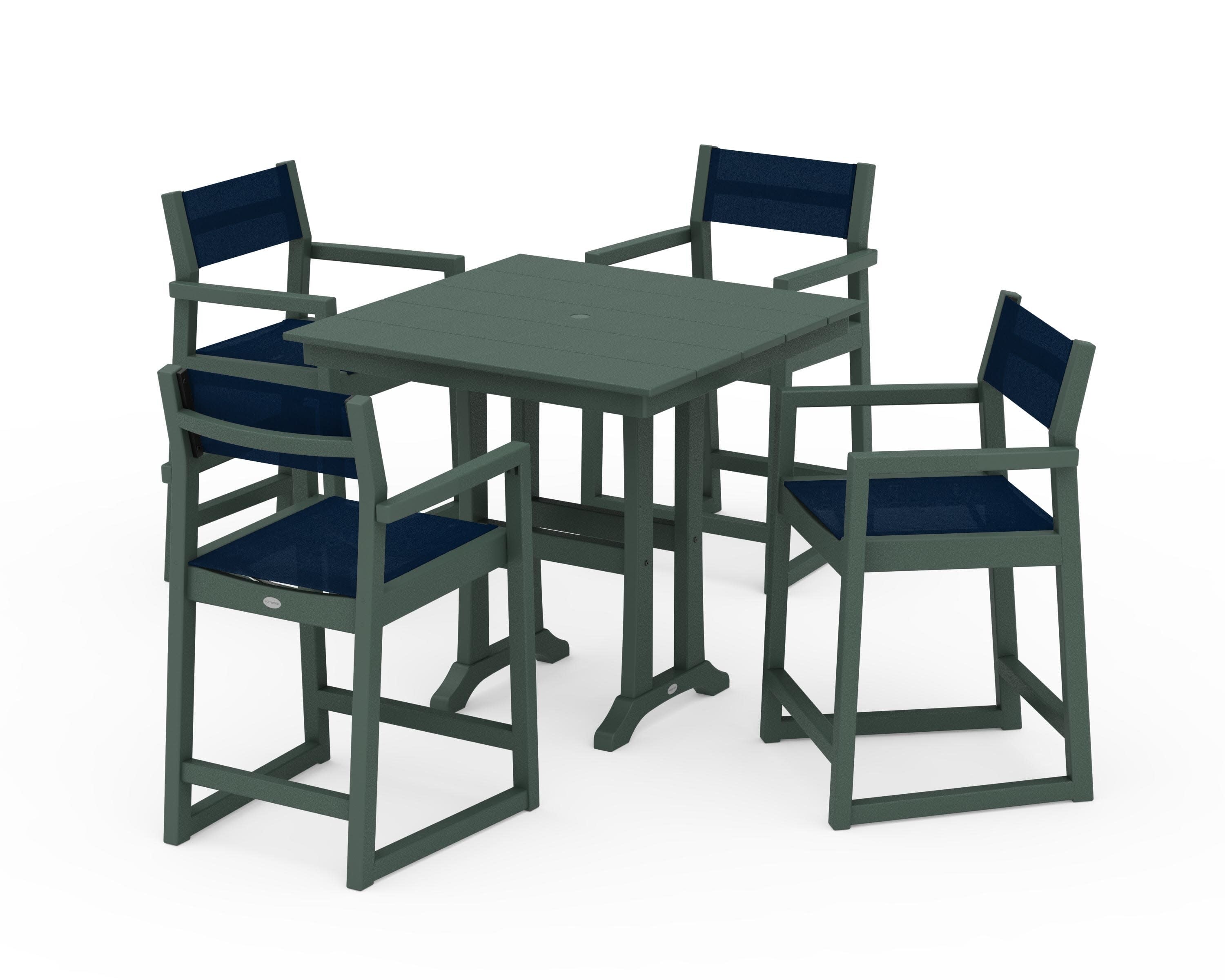 EDGE Sling Arm Chair 5-Piece Farmhouse Counter Set with Trestle Legs in Green / Navy Blue Sling