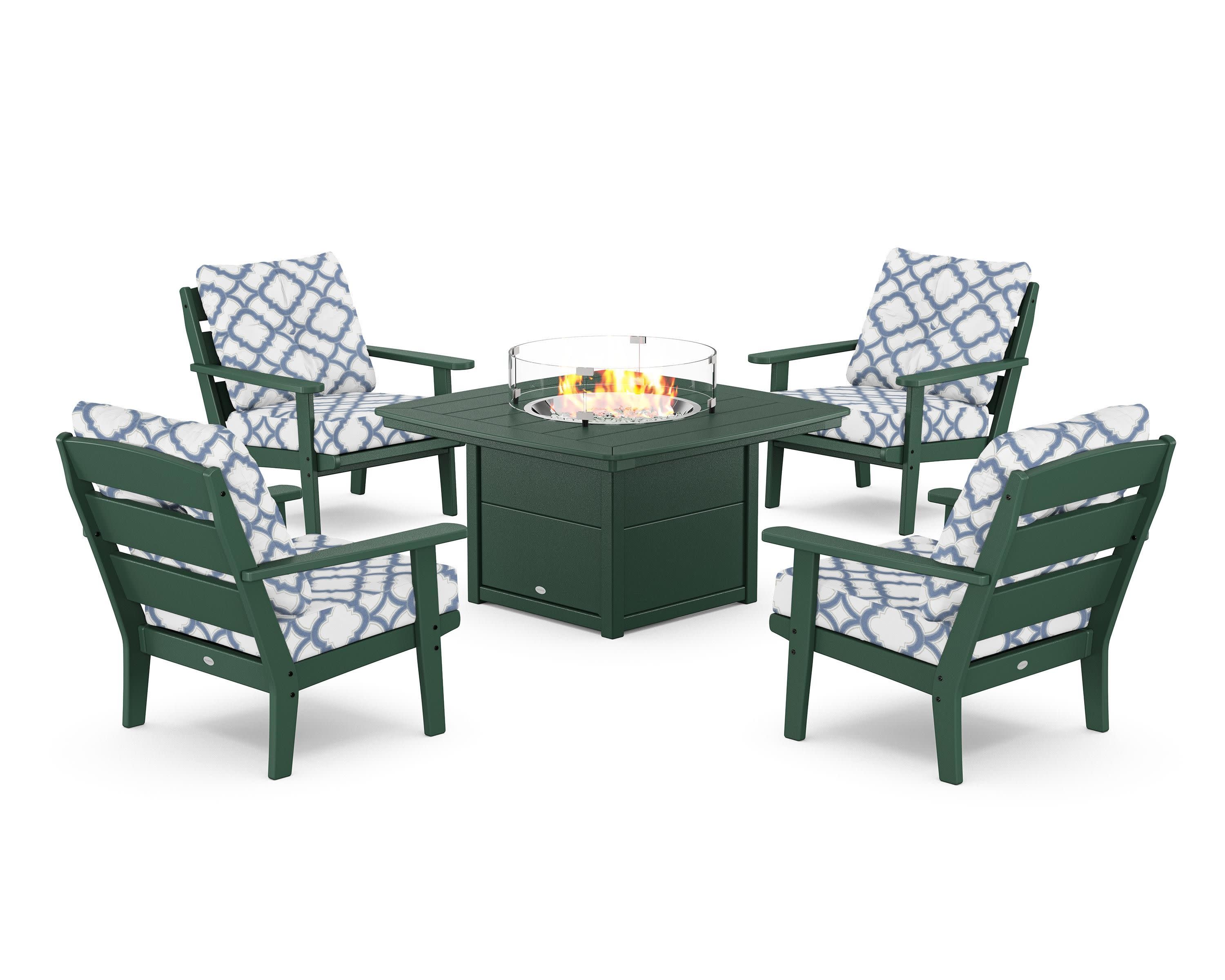 Lakeside 5-Piece Deep Seating Set with Nautical Fire Pit Table in Green / Trellis Sky Blue