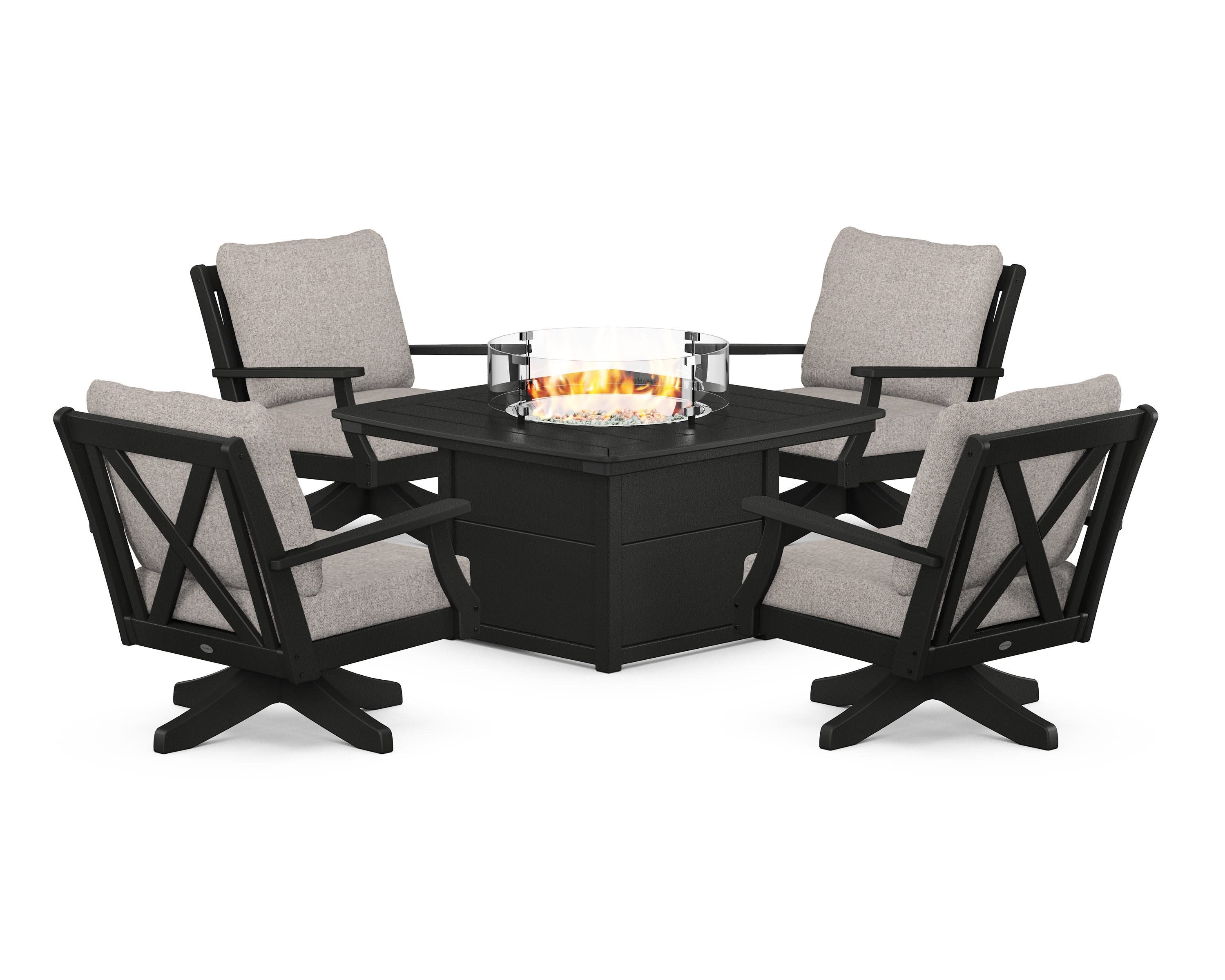 Braxton 5-Piece Deep Seating Swivel Conversation Set with Fire Pit Table in Black / Weathered Tweed