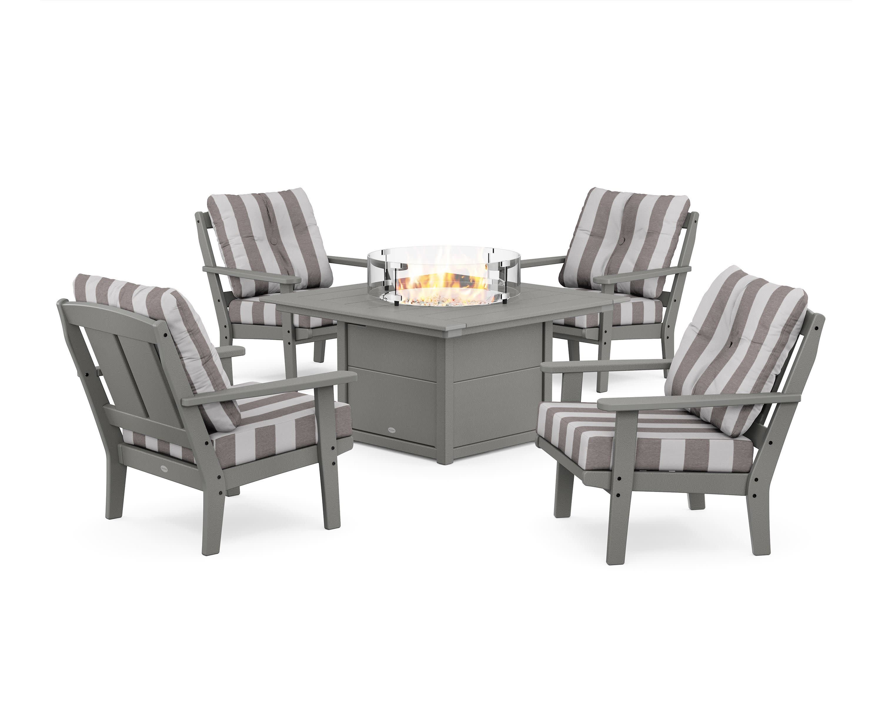 Mission 5-Piece Deep Seating Set with Fire Pit Table in Slate Grey / Cabana Stripe Grey Mist