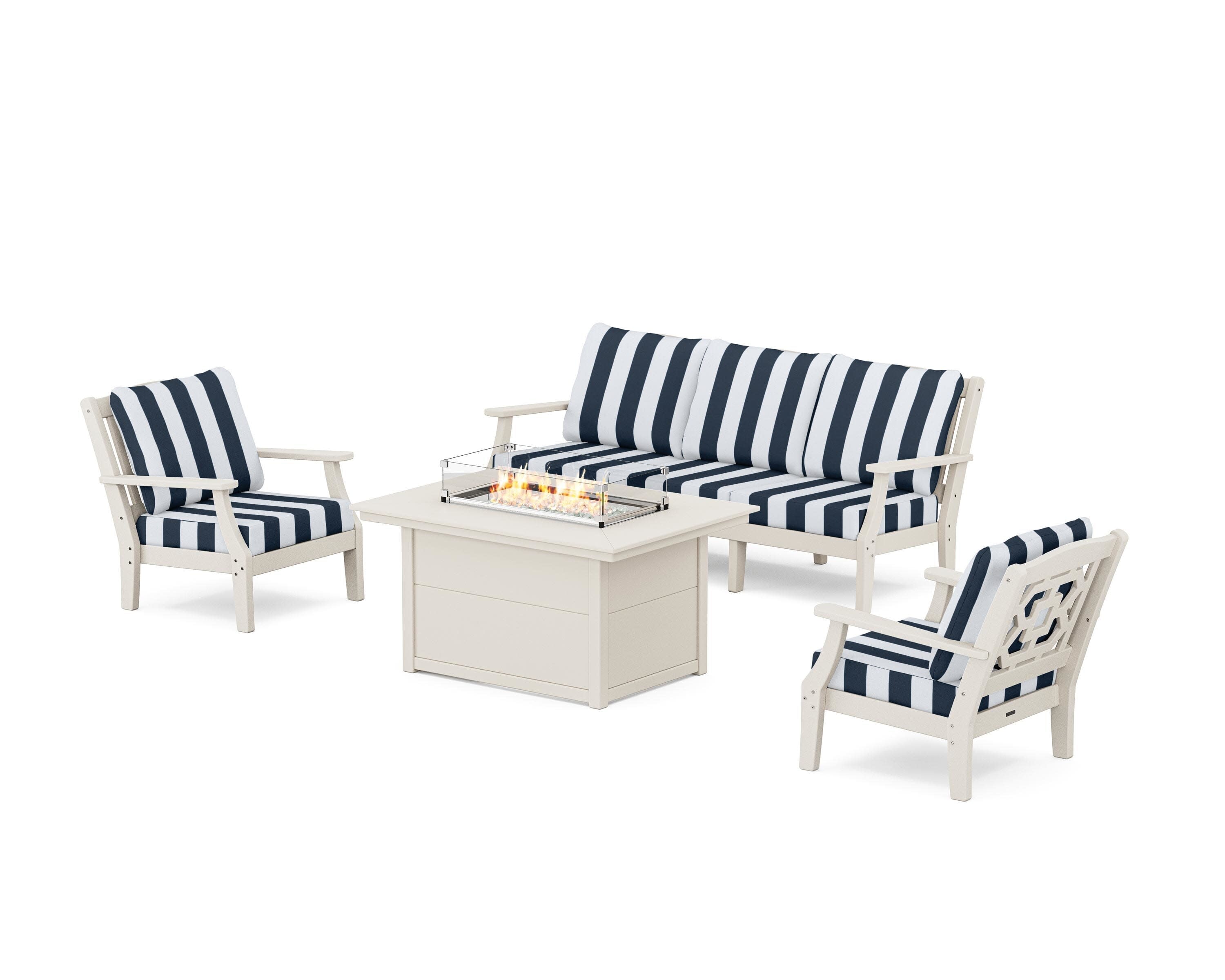 Chinoiserie Deep Seating Fire Pit Table Set in Sand / Cabana Stripe Marine Indigo