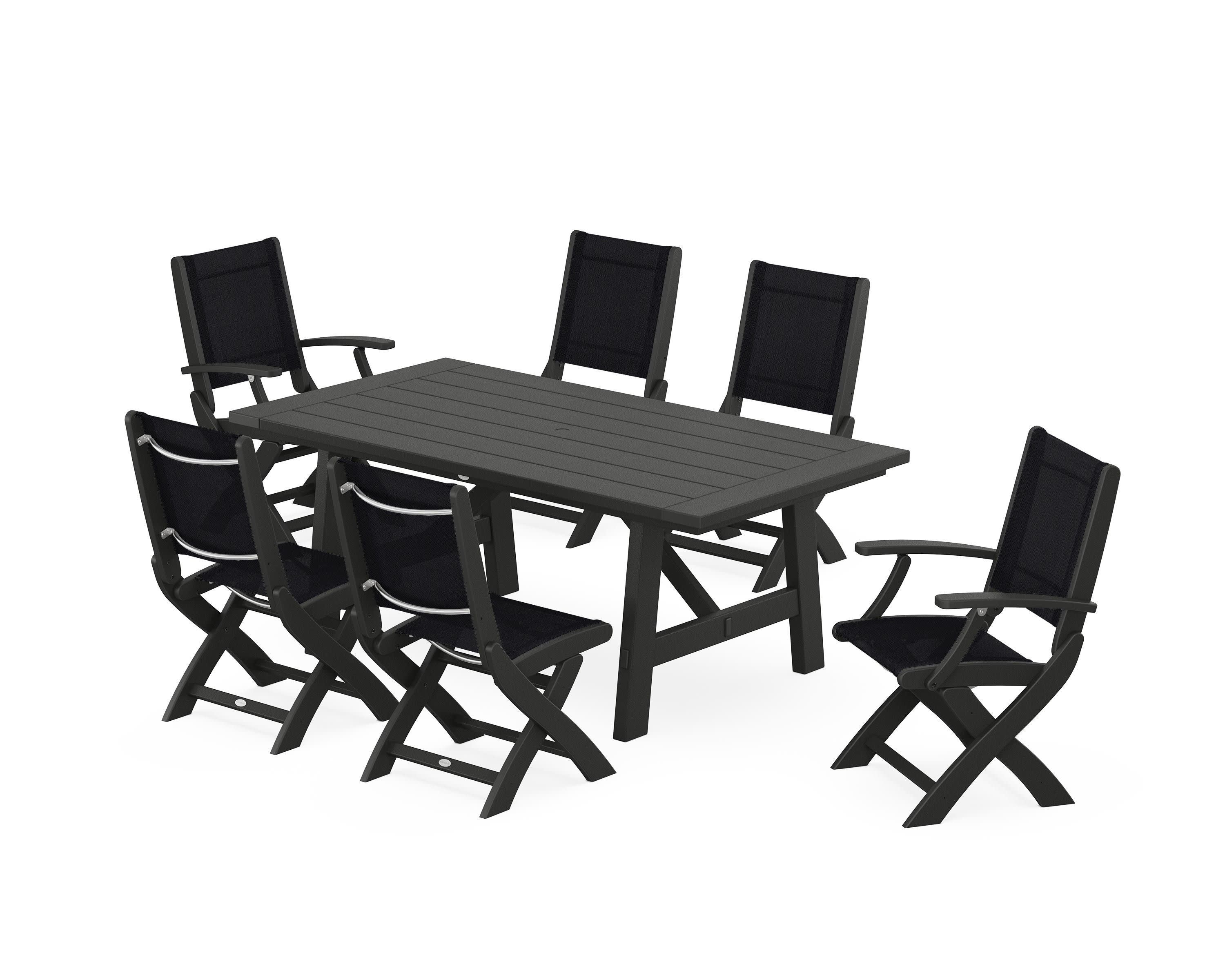 Coastal Folding Chair 7-Piece Rustic Farmhouse Dining Set in Black / Black Sling