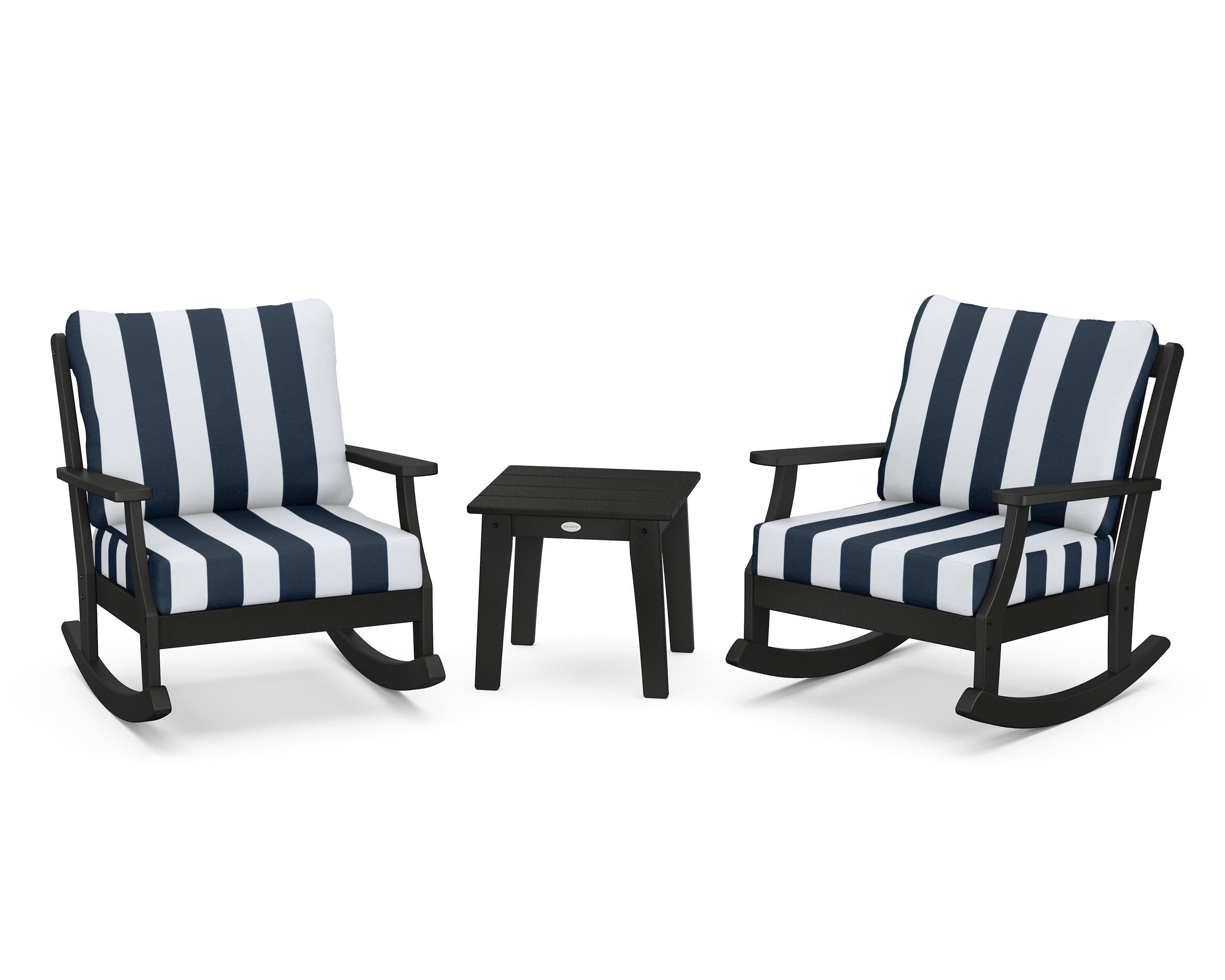 Braxton 3-Piece Deep Seating Rocker Set in Black / Cabana Stripe Marine Indigo