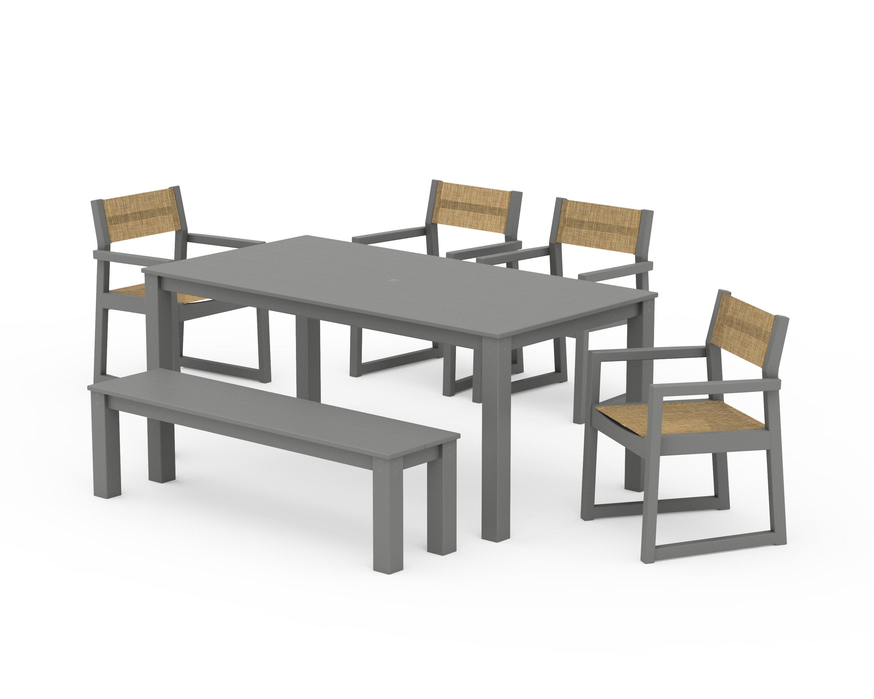 EDGE Sling Arm Chair 6-Piece Parsons Dining Set with Bench in Slate Grey / Burlap Sling
